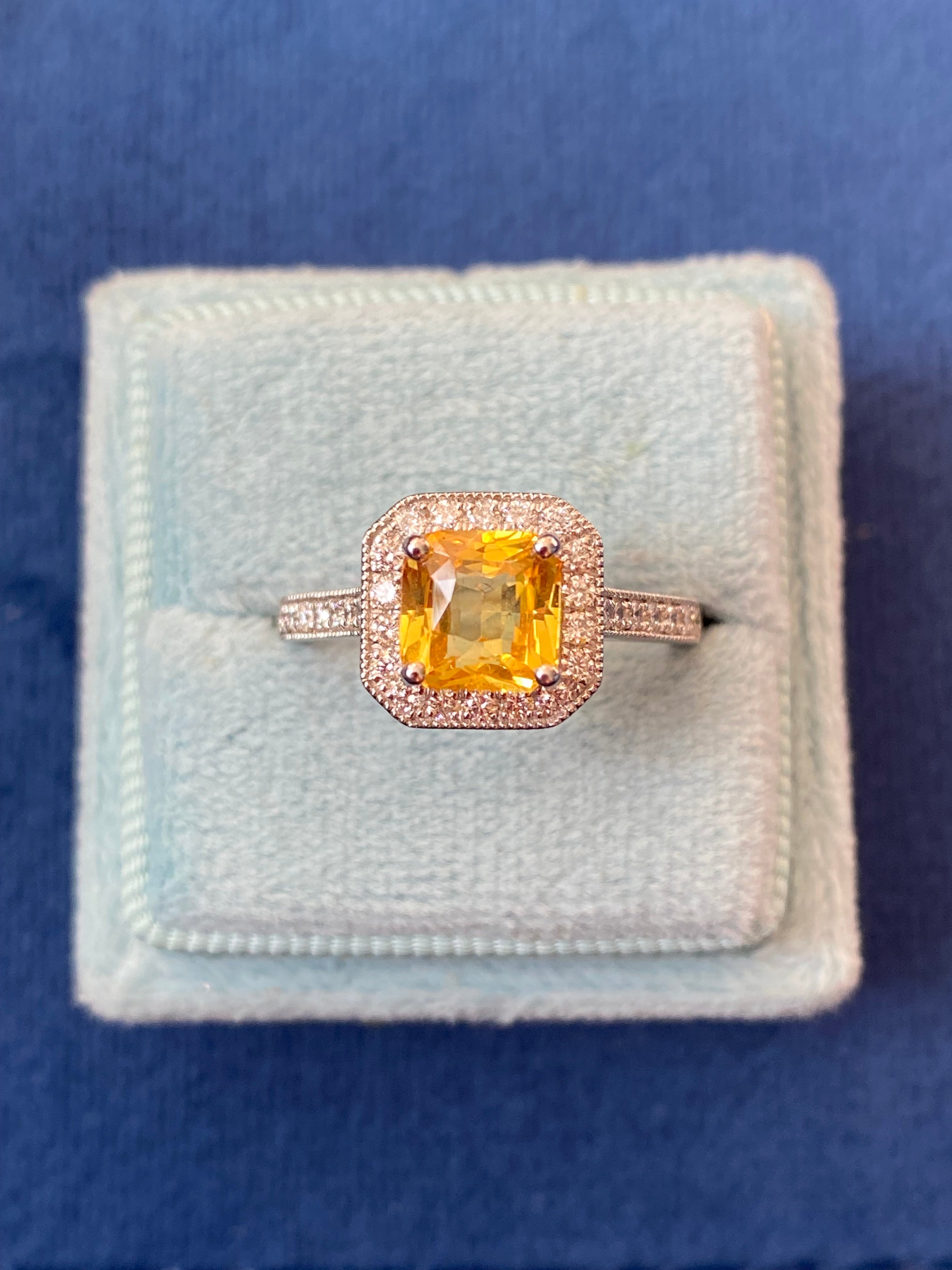 2.06 Carat Yellow Sapphire and Natural Diamond Halo Ring in Platinum