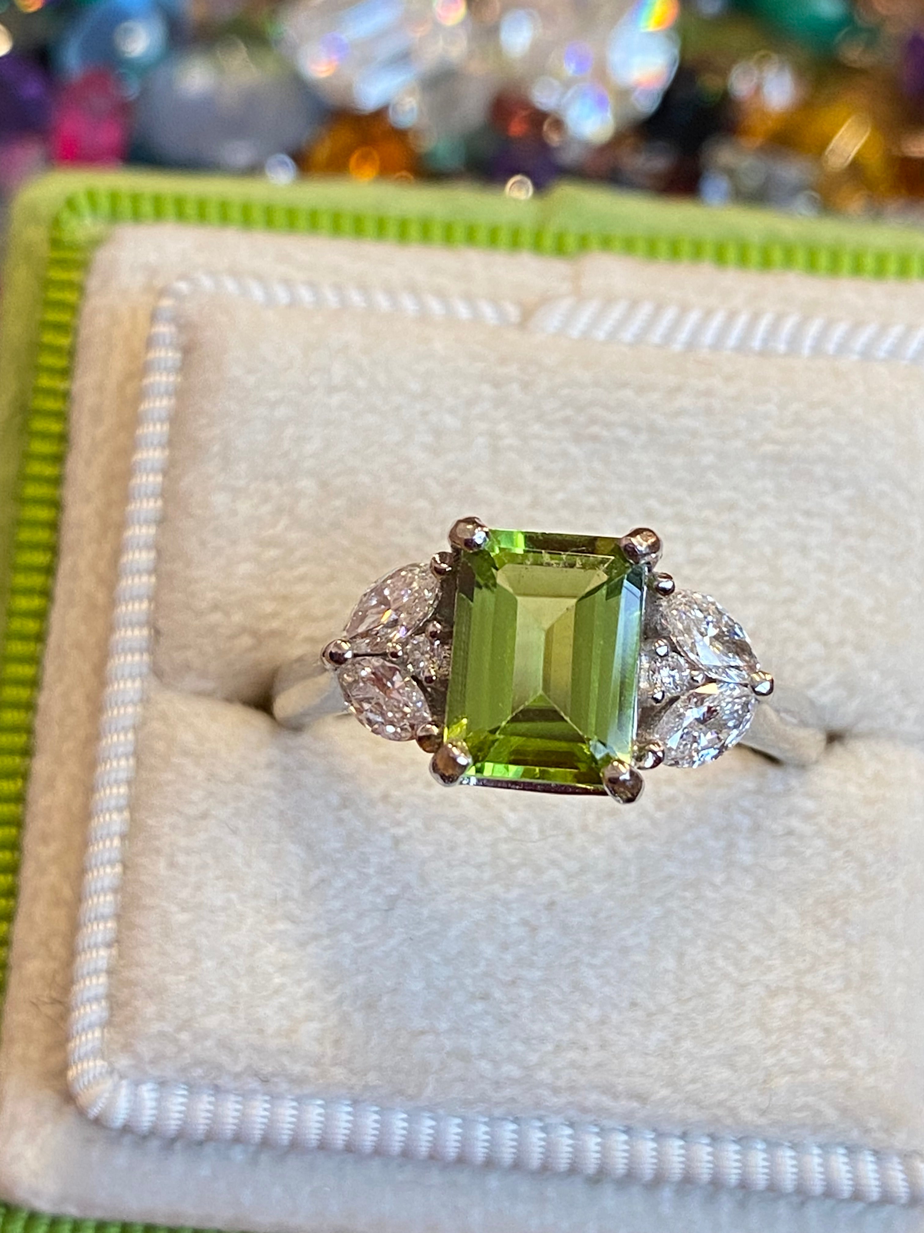 1.96 CTW Carat Peridot and Diamond Three Stone Engagement Ring in Platinum