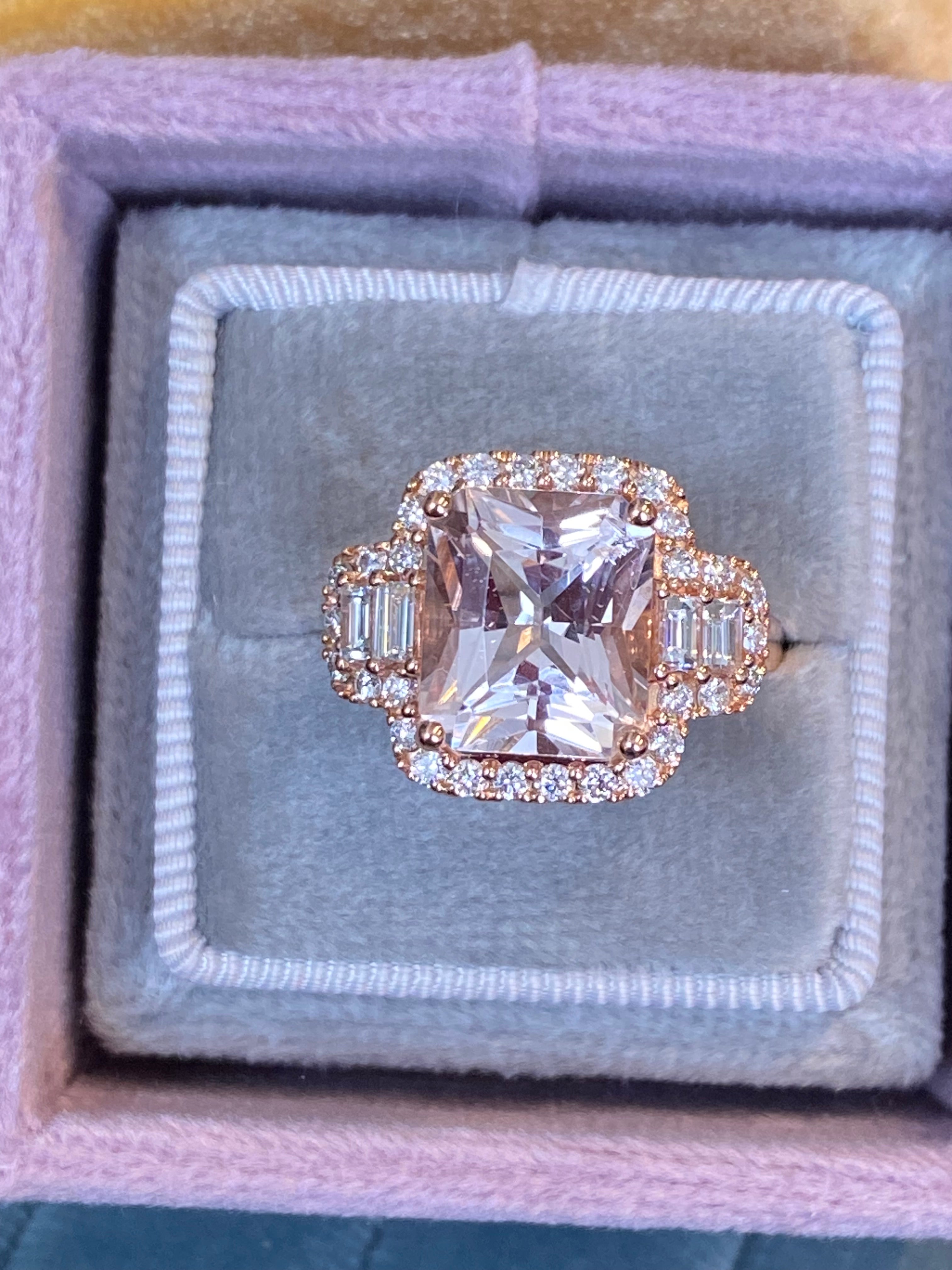 4.66 CTW Radiant Cut Morganite and Natural Diamond Ring in 18ct Rose Gold