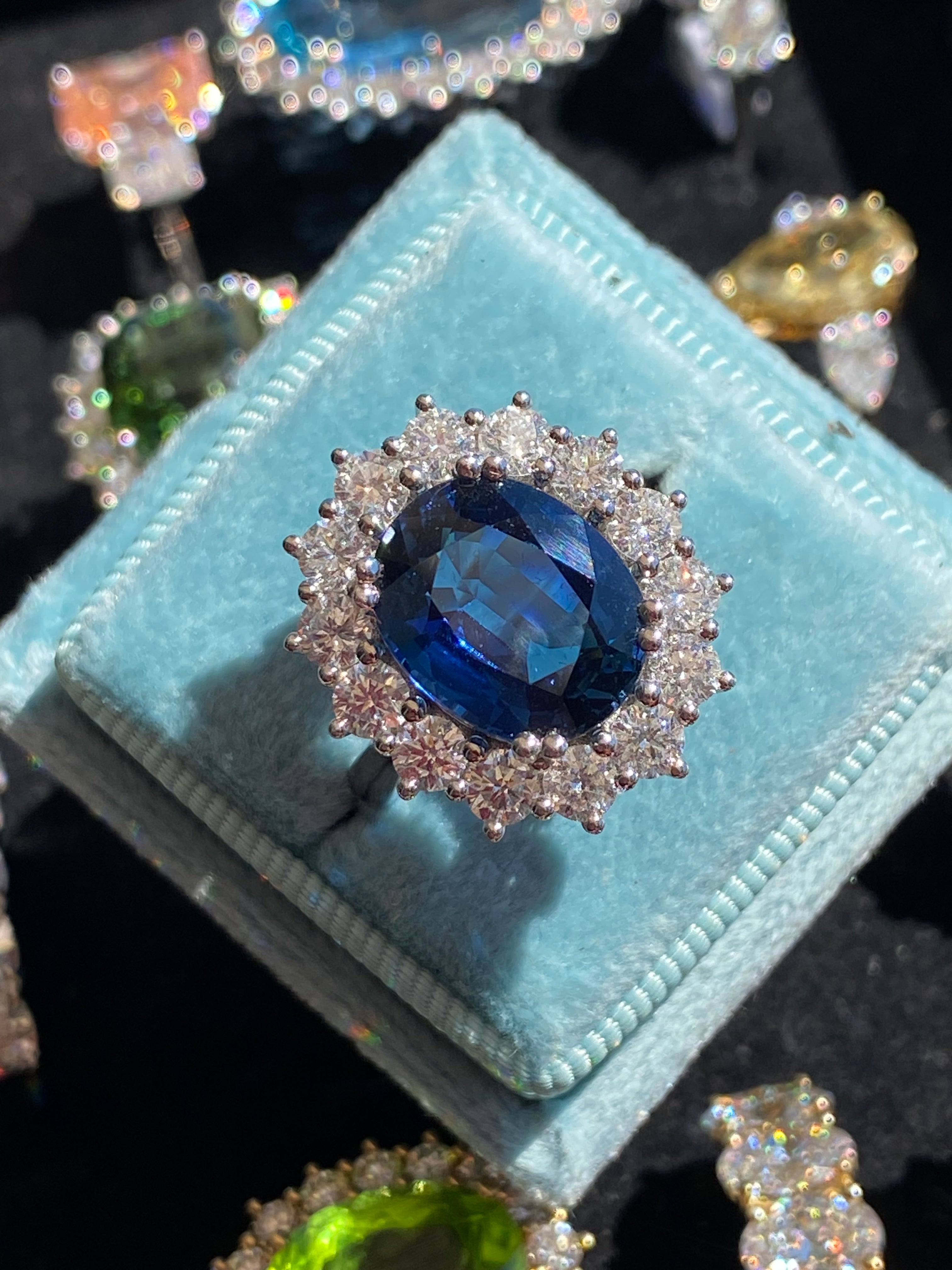 6.37 Carat Gubelin Certed No Heat Blue Ceylon Sapphire and 1.80 CTW Natural Diamond Halo Ring in Platinum