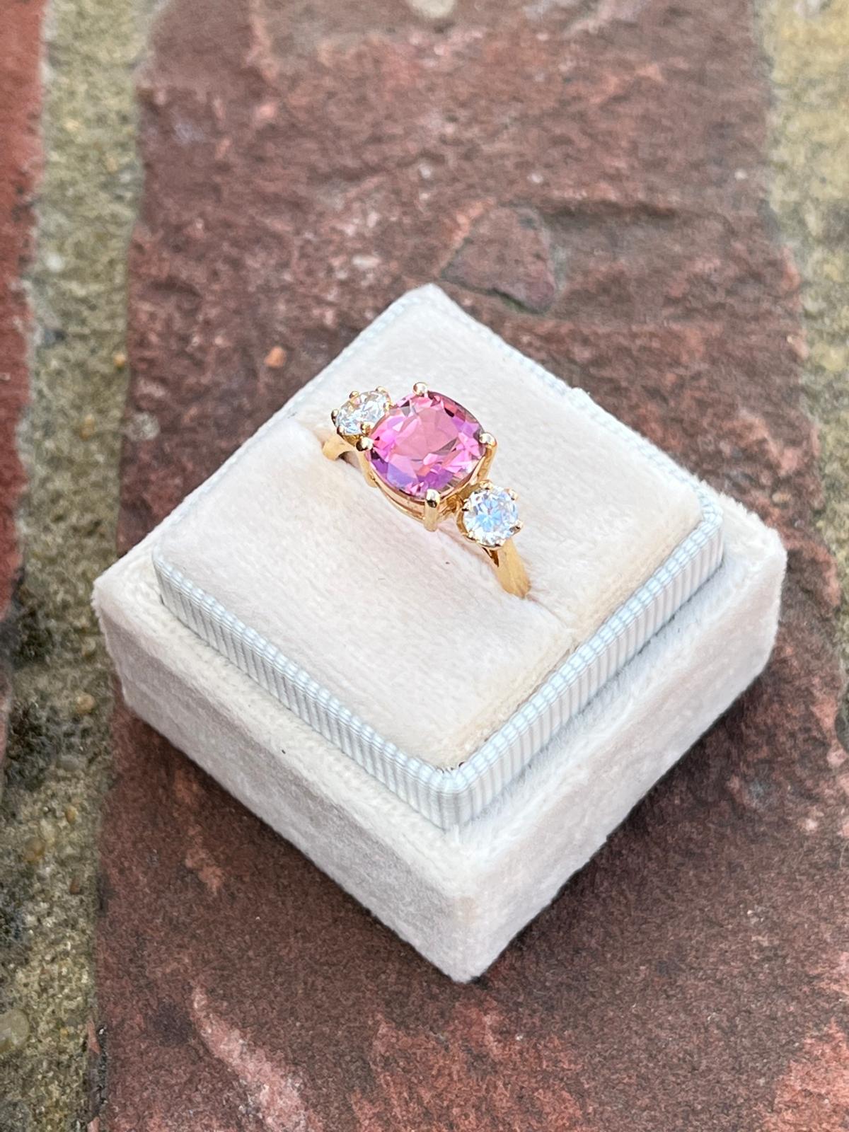 3.12ctw Pink Tourmaline and Natural Diamond Three Stone Ring in 18ct Yellow Gold