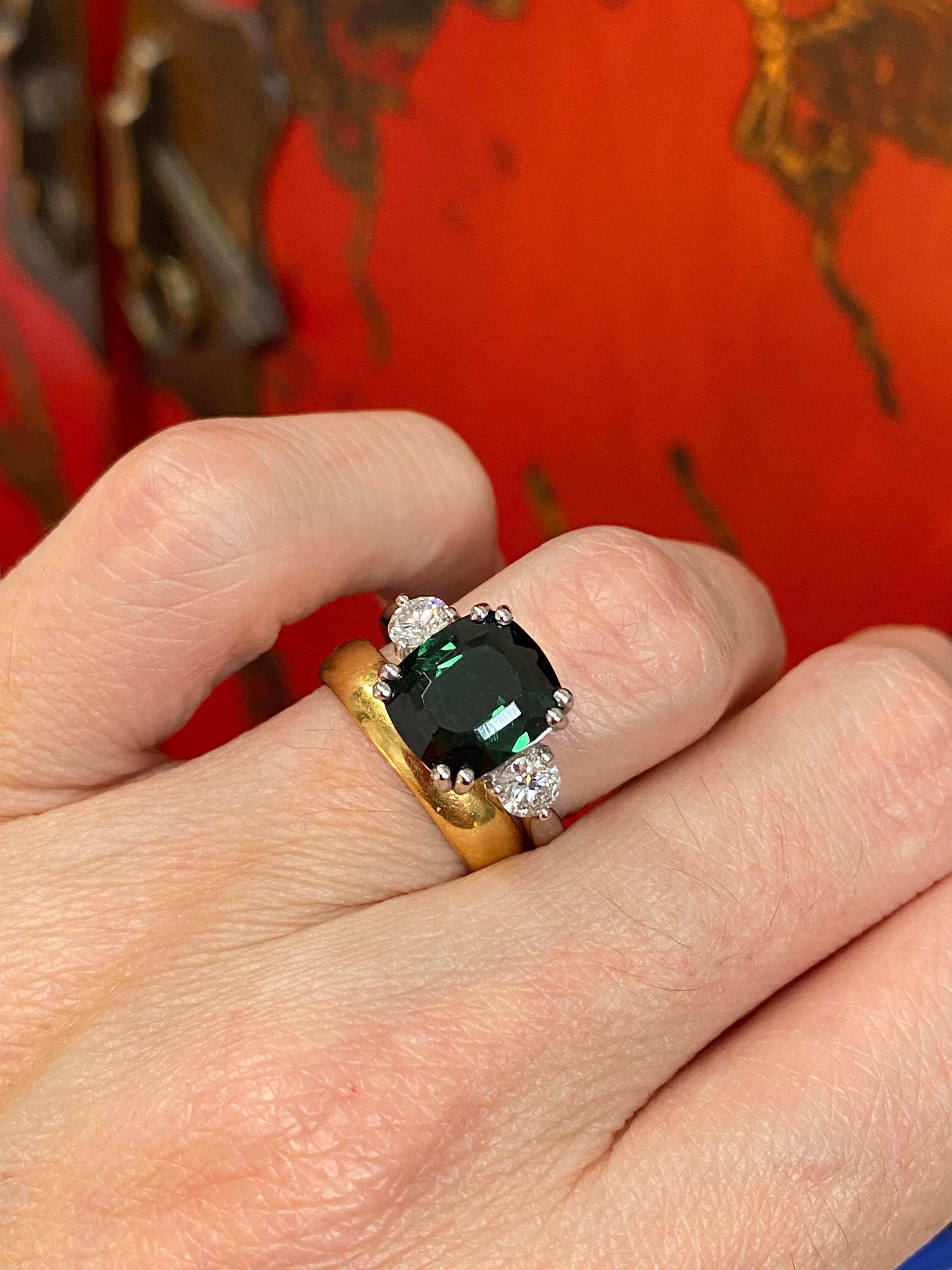 3.97 Carat Green Tourmaline and Natural Diamond Ring in Platinum