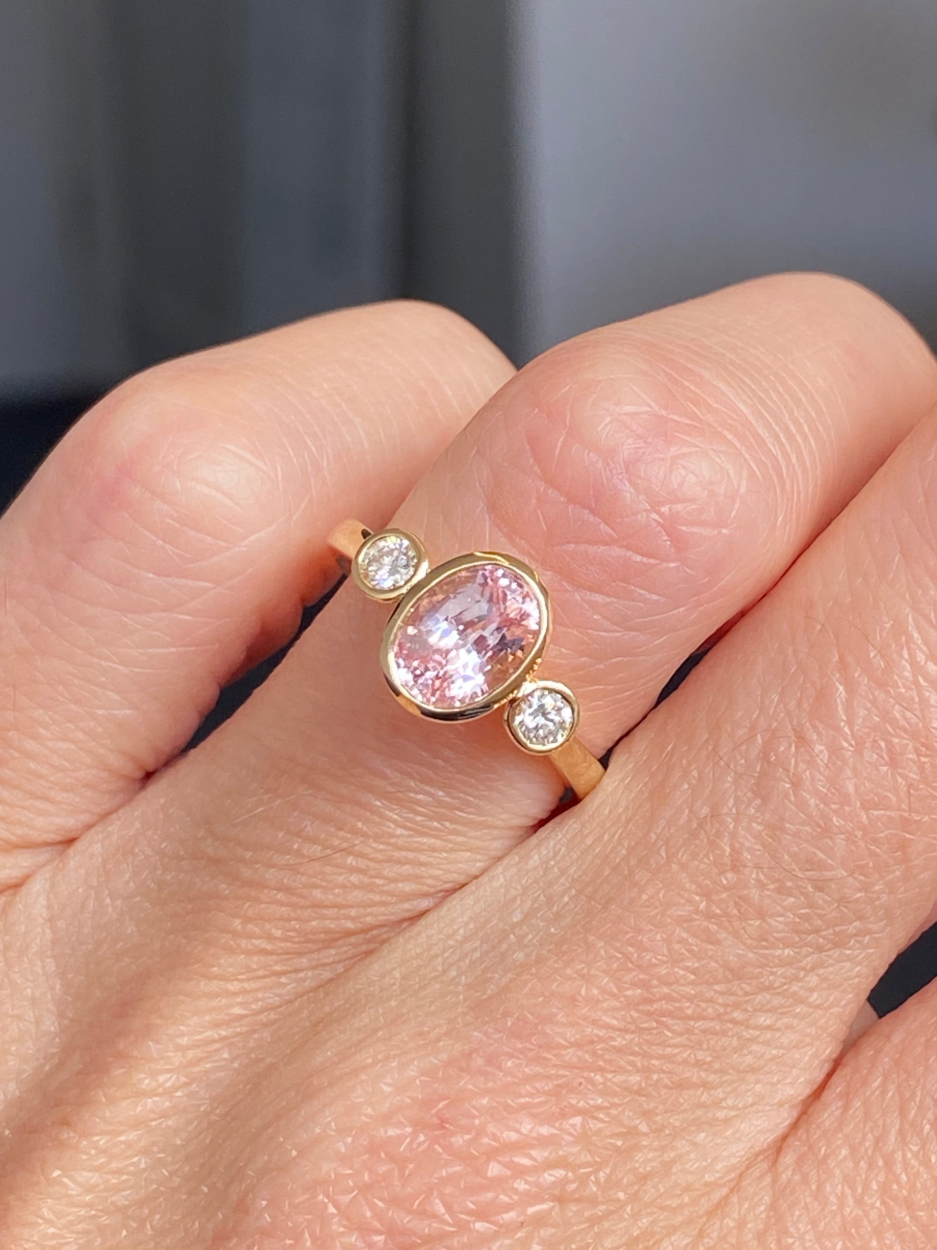 2.02 CTW Peach Sapphire and Natural Diamond Three Stone Ring in 18ct Yellow Gold