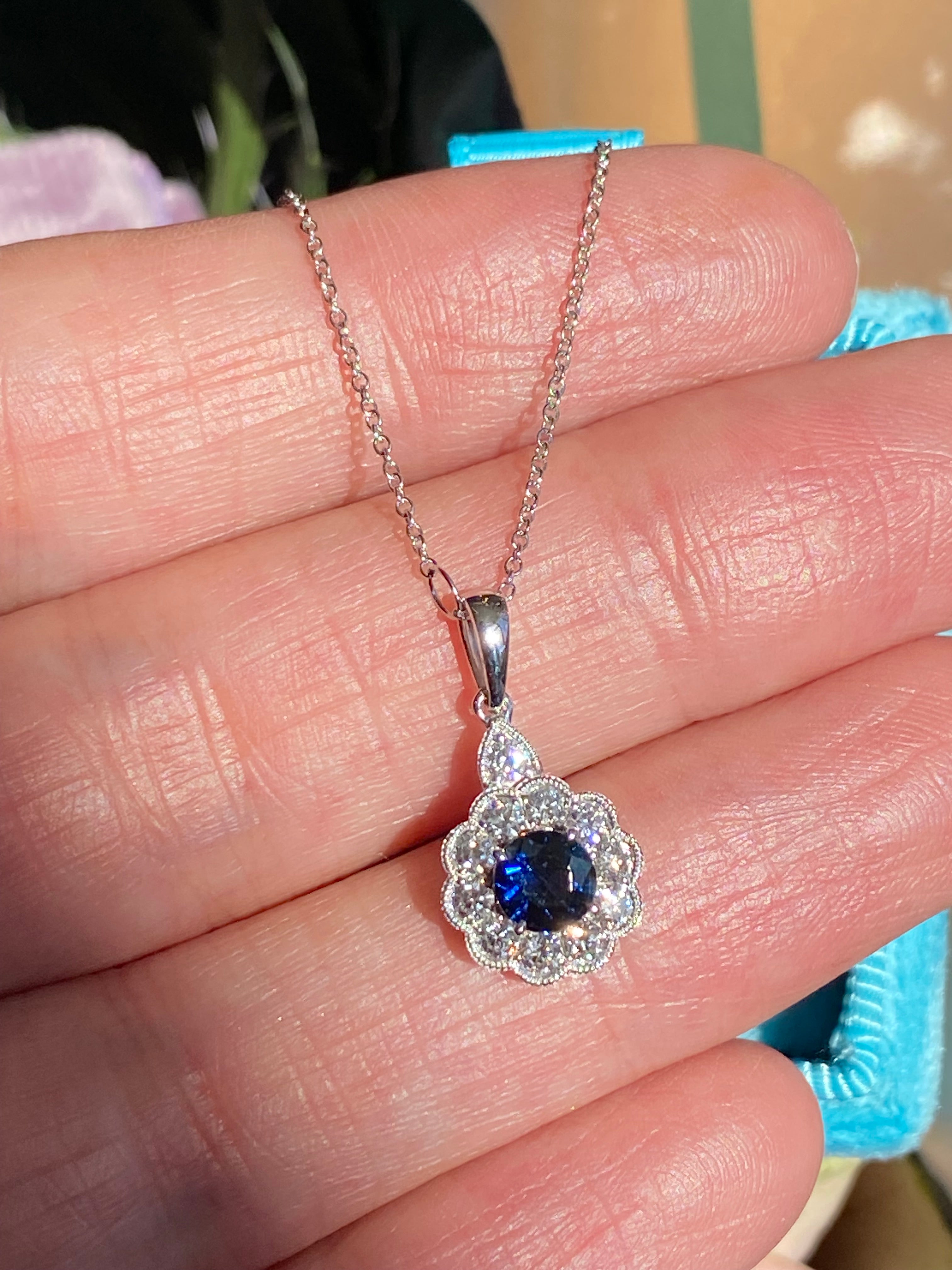0.86 CTW Sapphire and Natural Diamond Pendant Necklace in 18ct White Gold