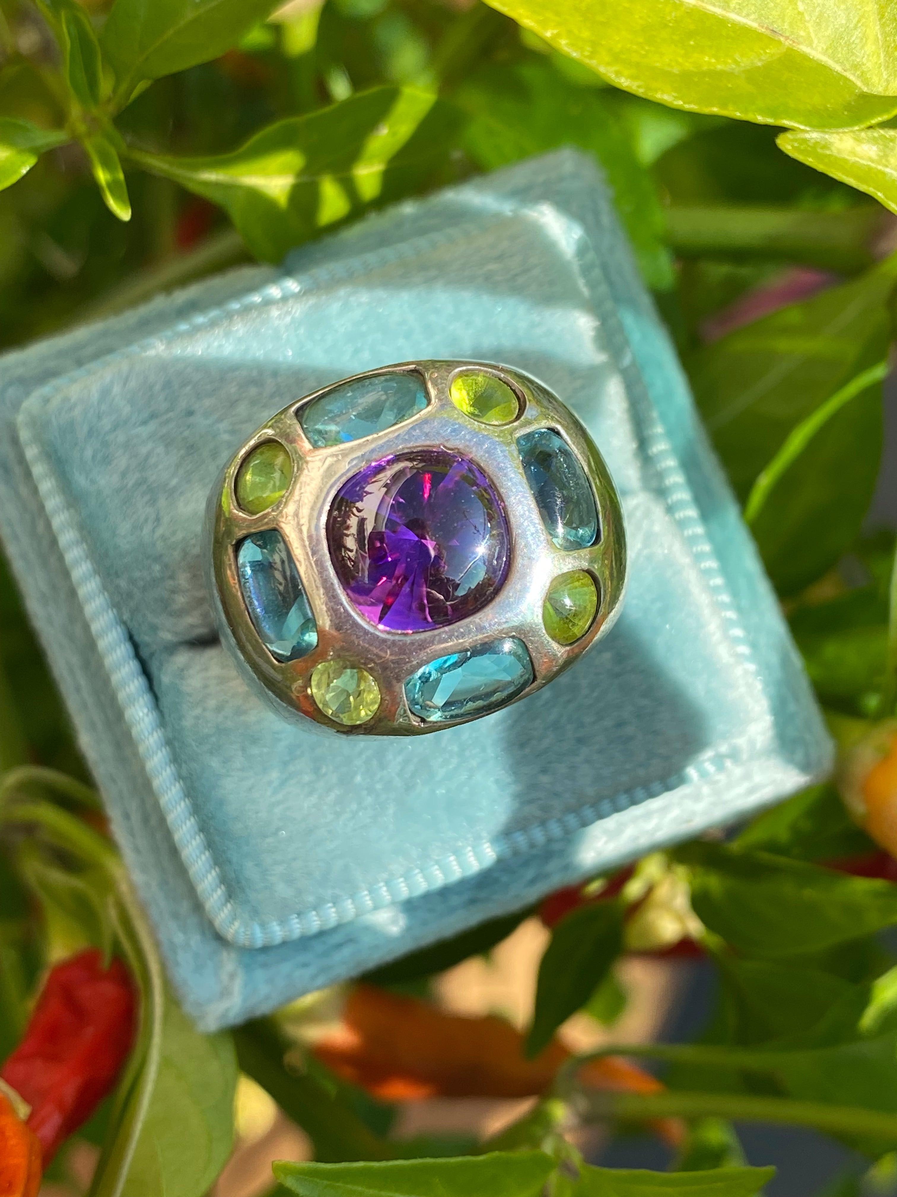 Beautiful Vintage Amethyst, Peridot and Blue Topaz Ring in Sterling Silver