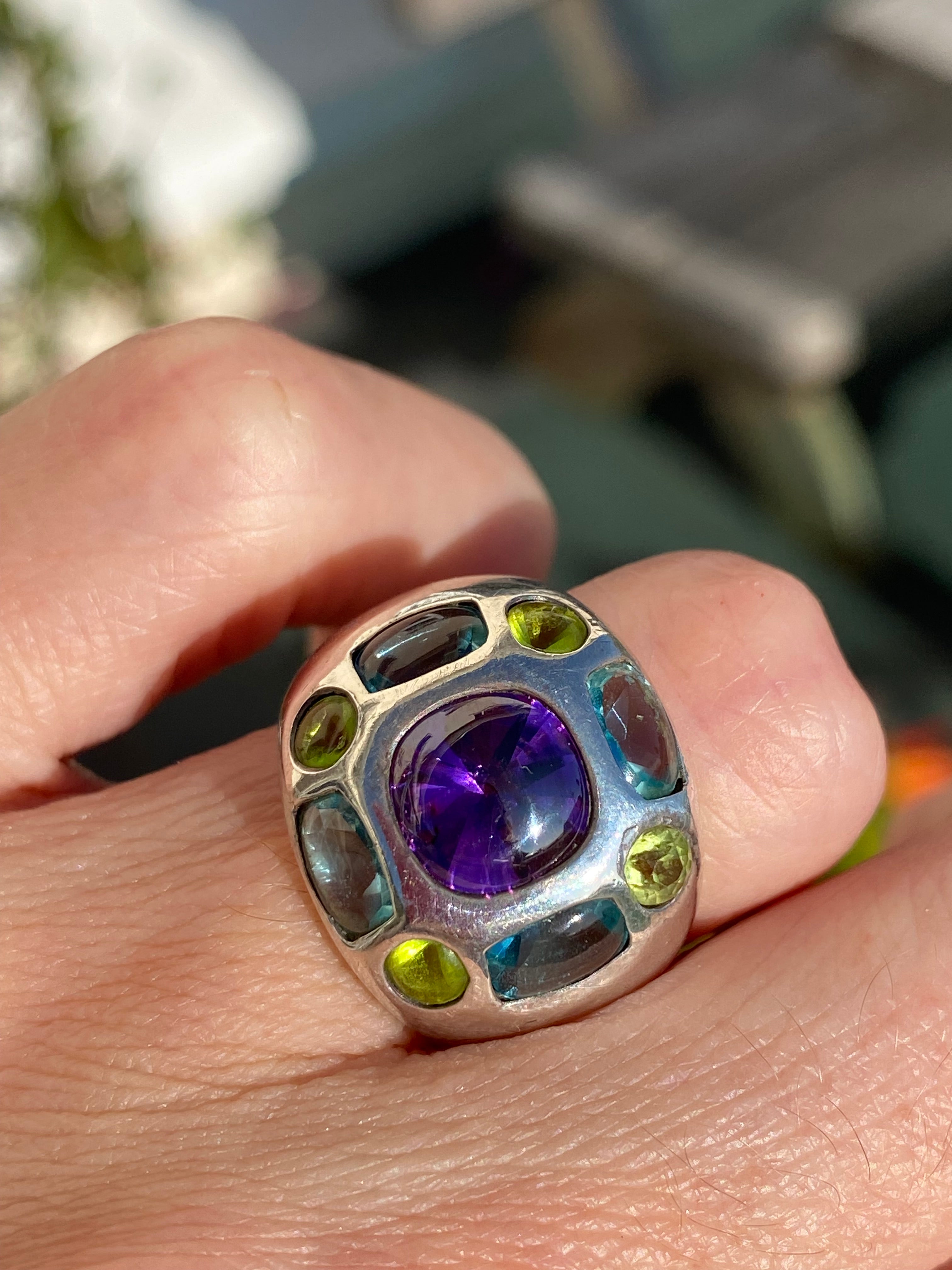 Beautiful Vintage Amethyst, Peridot and Blue Topaz Ring in Sterling Silver