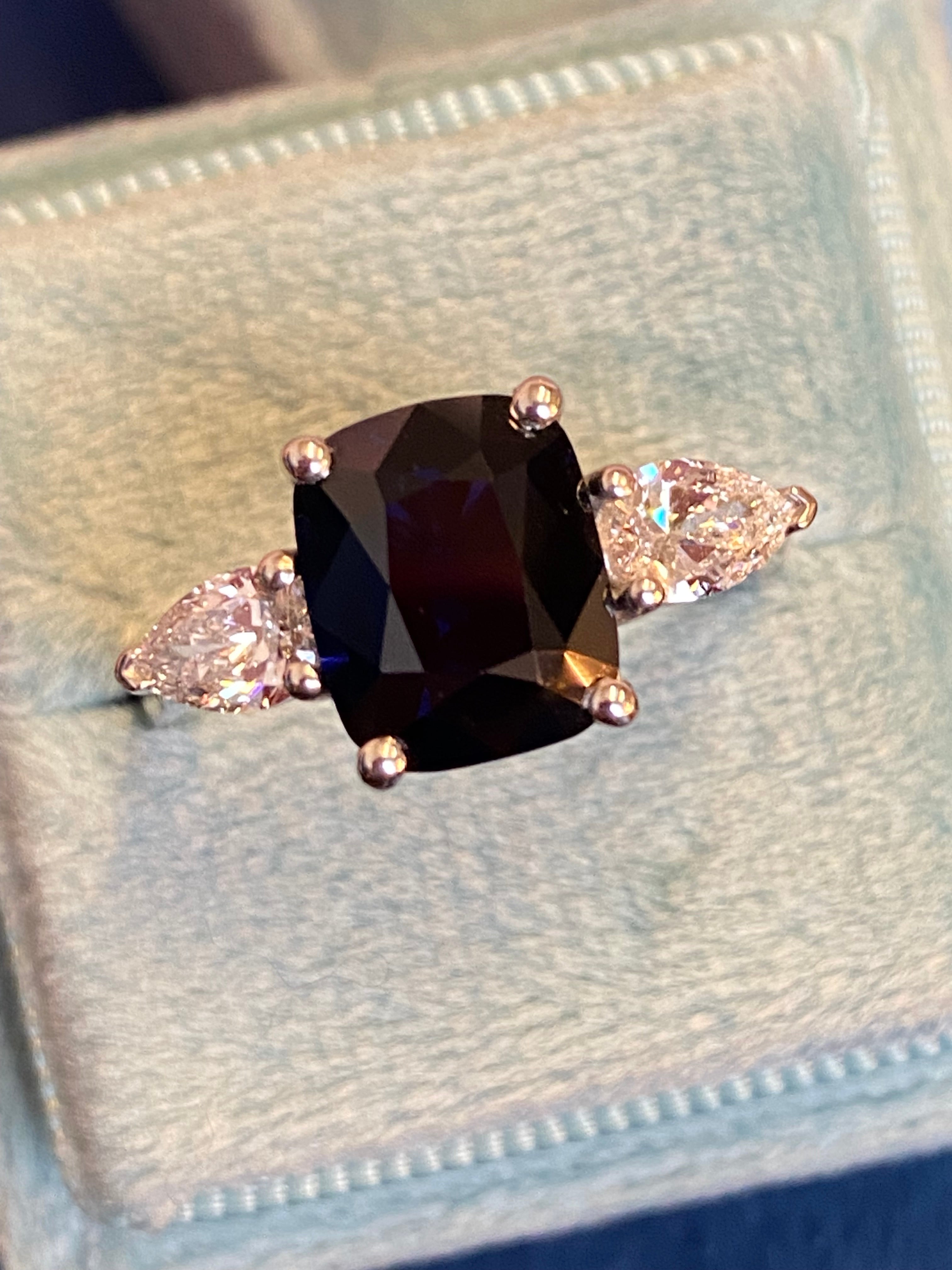 4.04 CTW Deep Blue Ceylon Sapphire and Natural Diamond Three Stone Engagement Ring in Platinum