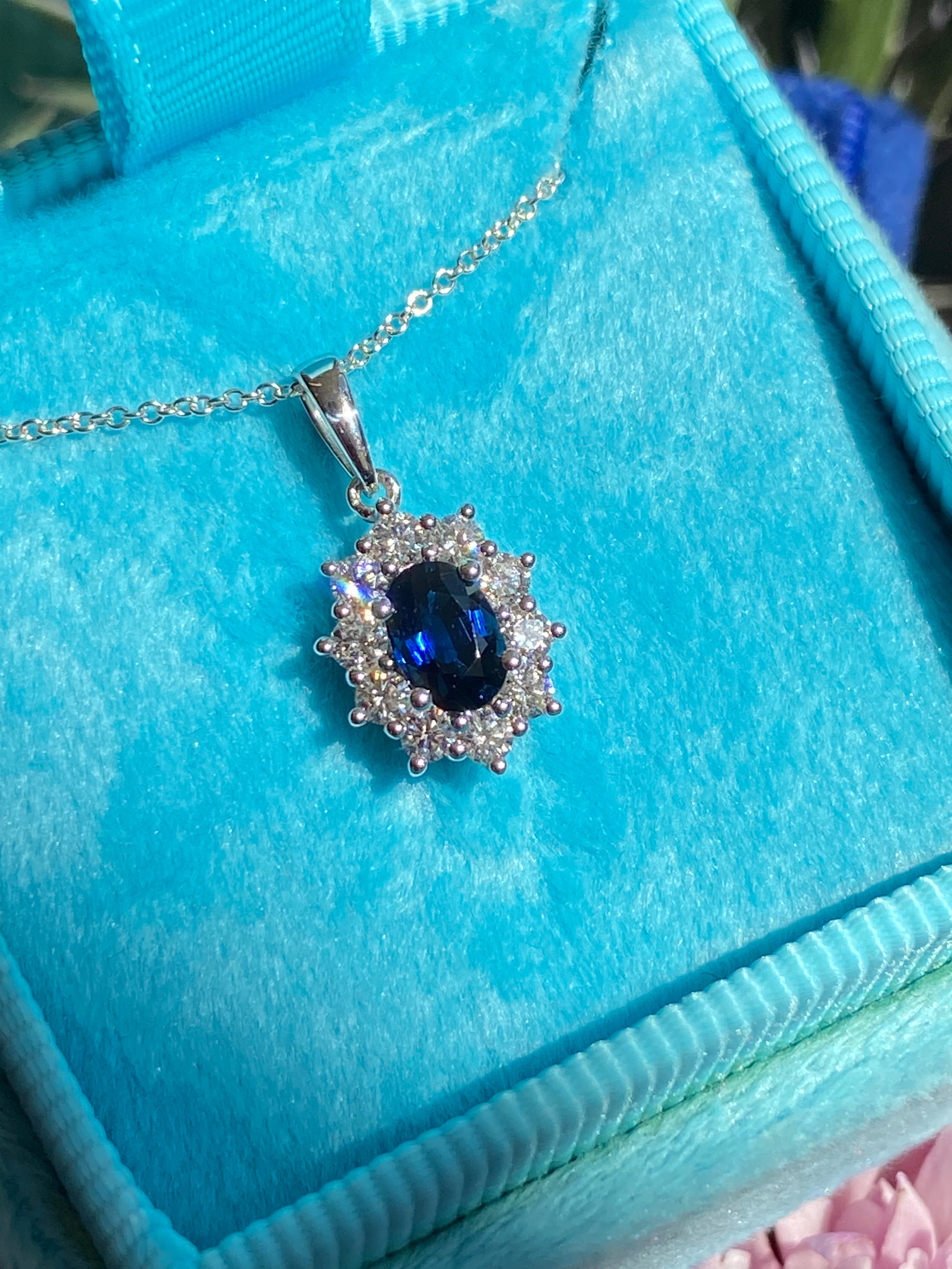 1.02 CTW Sapphire and Natural Diamond Pendant Necklace in 18ct White Gold
