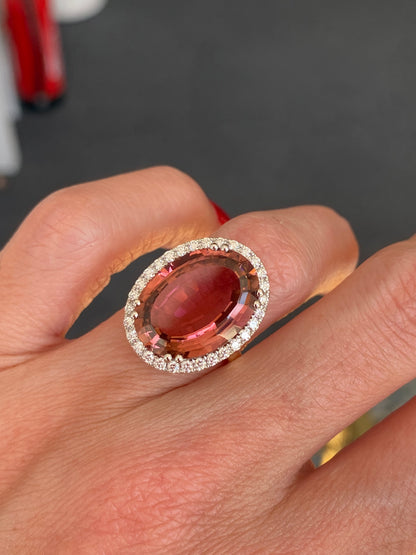 11.48 Carat Pink Tourmaline and Natural Diamond Ring in Platinum and 18ct Yellow Gold
