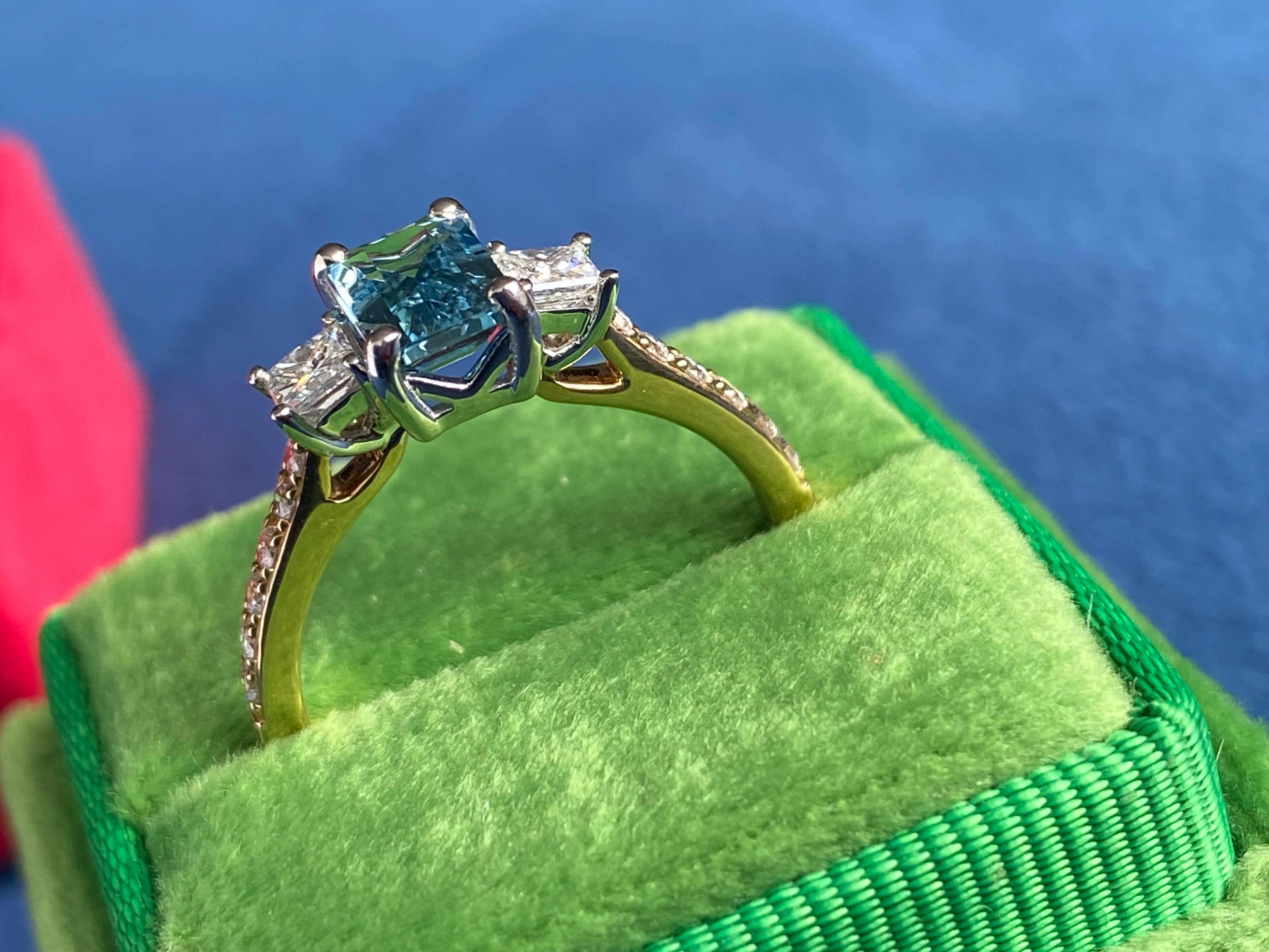1.18 CTW Aquamarine and Natural Diamond Three Stone Ring in Platinum and 18ct Yellow Gold