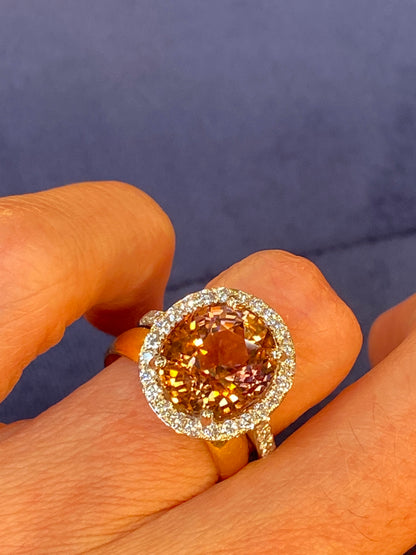 6.10 Carat Oval Cut Rose Pink Tourmaline and Natural Diamond Ring in Platinum