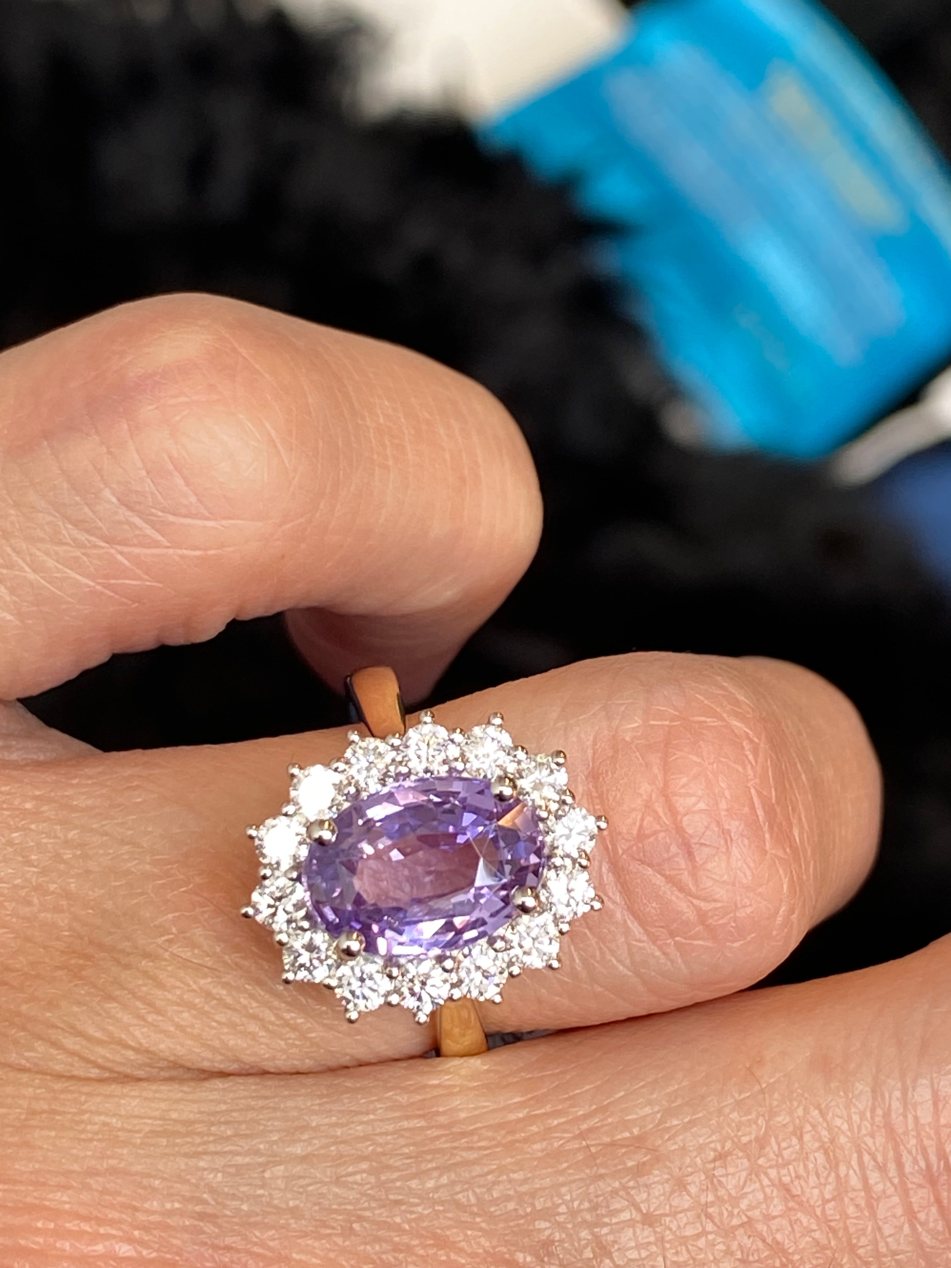 3.52 Carat No Heat Purple Sapphire and Natural Diamond Halo Ring in Platinum and 18ct Yellow Gold