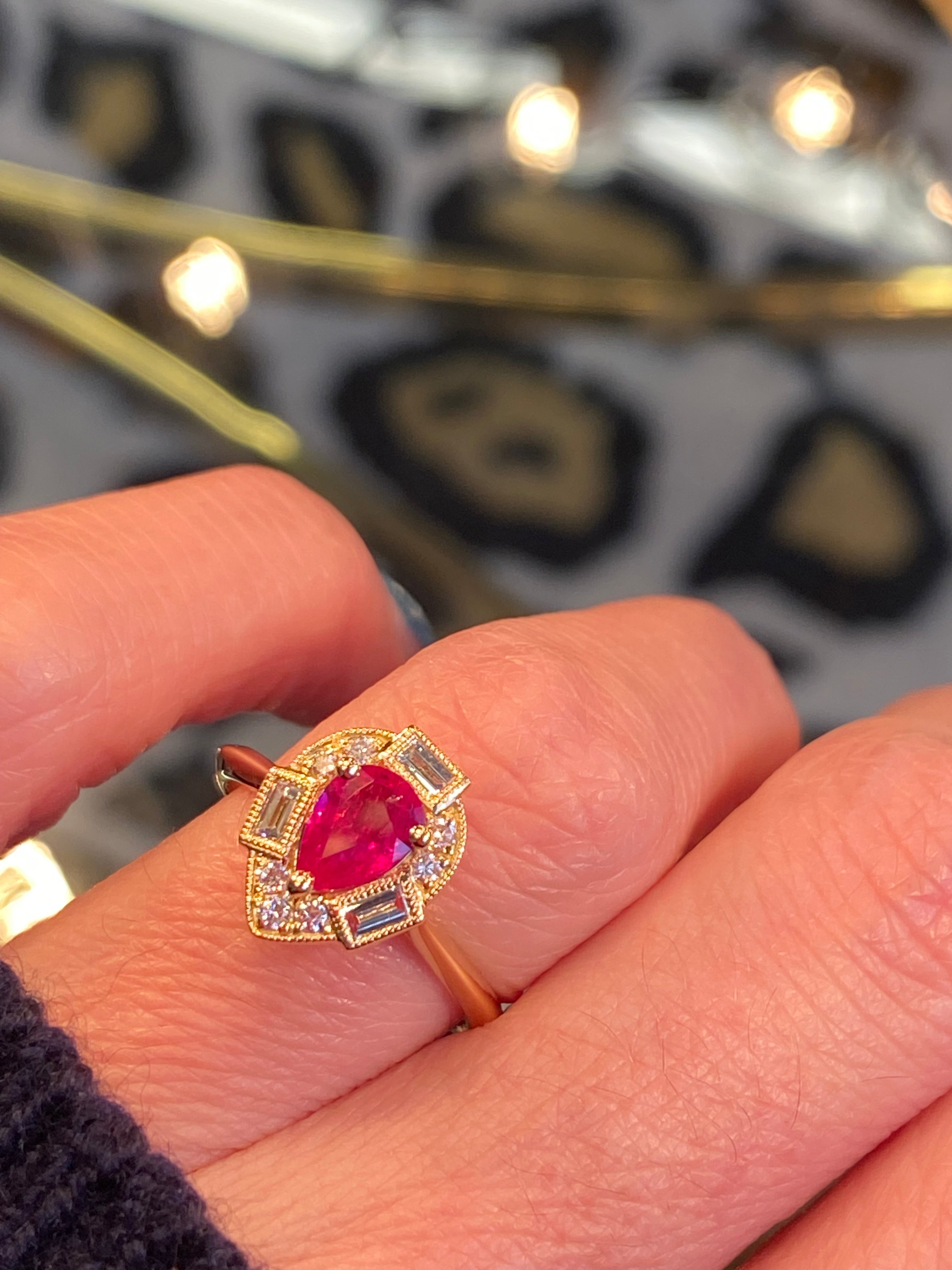 0.85 CTW Pear Cut Ruby and Natural Diamond Halo Ring in 18ct Yellow Gold