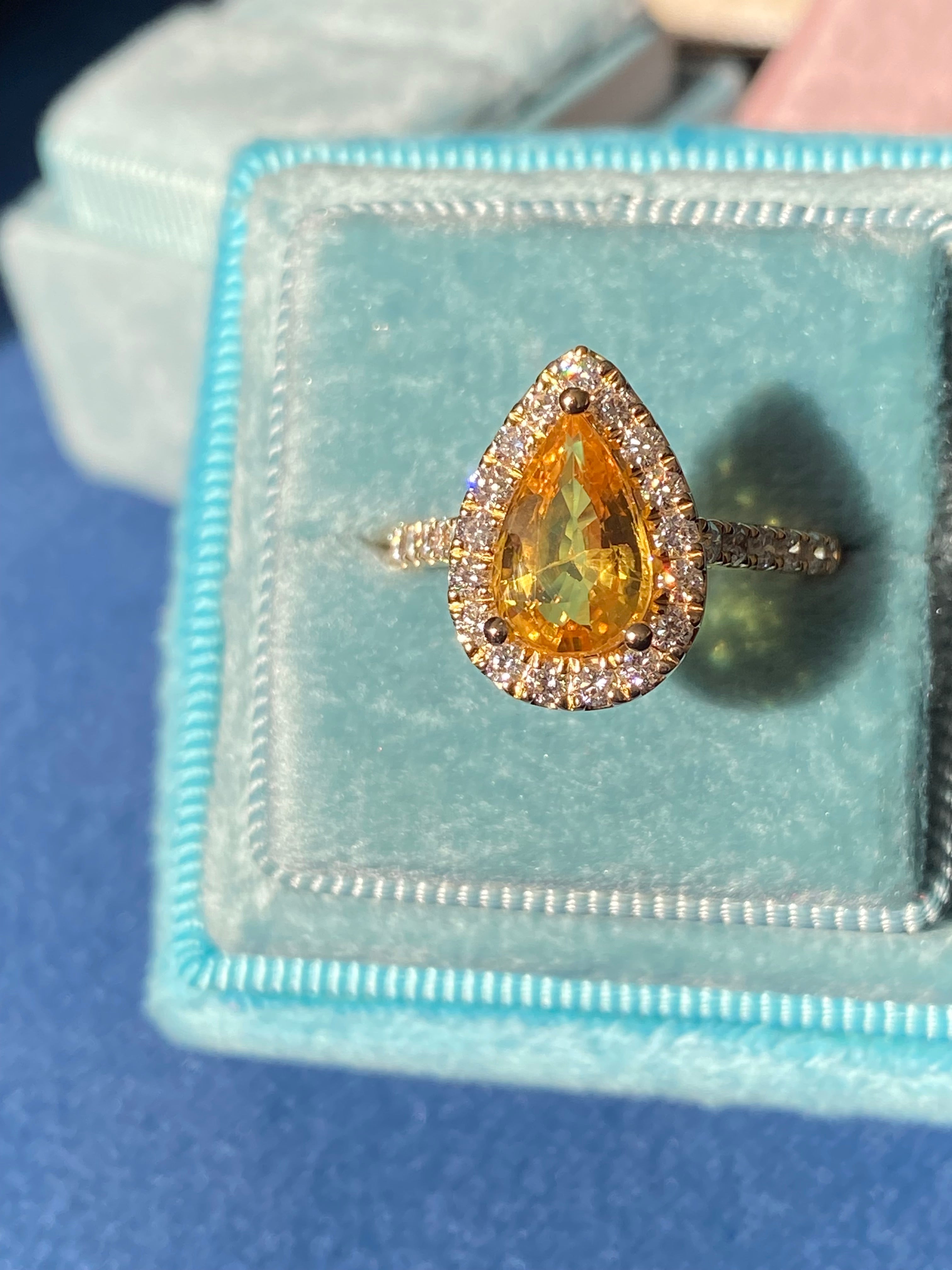 2.72 CTW Pear Cut Orange Sapphire and Natural Diamond Ring in 18ct Yellow Gold