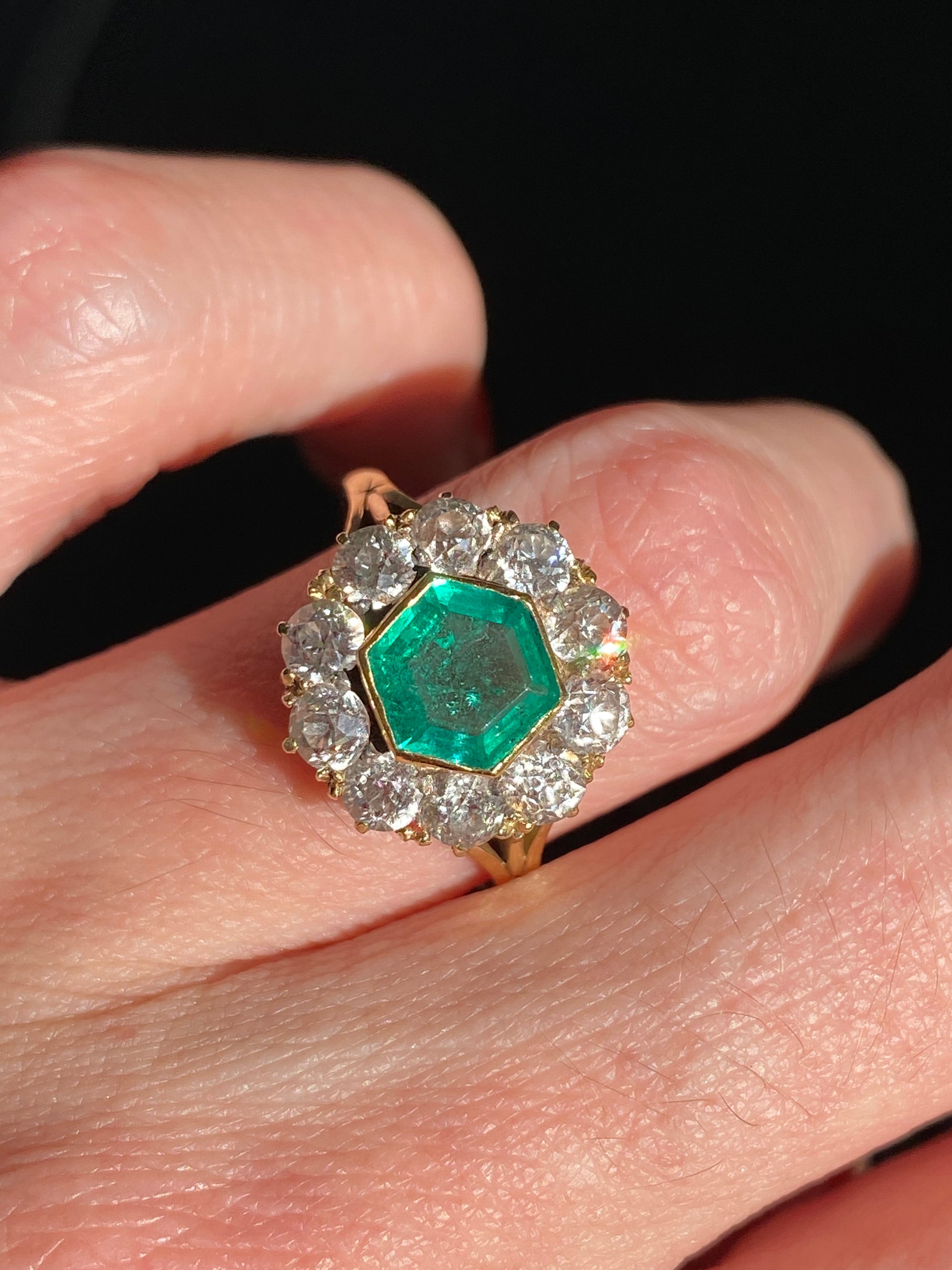 3.00 CTW Colombian Emerald and Old Cut Diamond Halo Ring in 18ct Yellow Gold