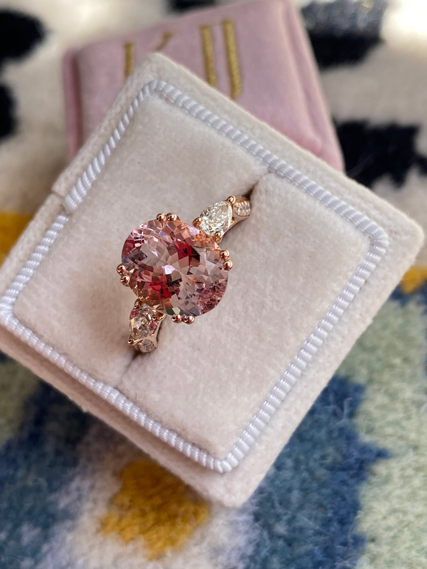3.04 Carat Morganite and Natural Diamonds Three Stone Engagement Ring in 18ct Rose Gold