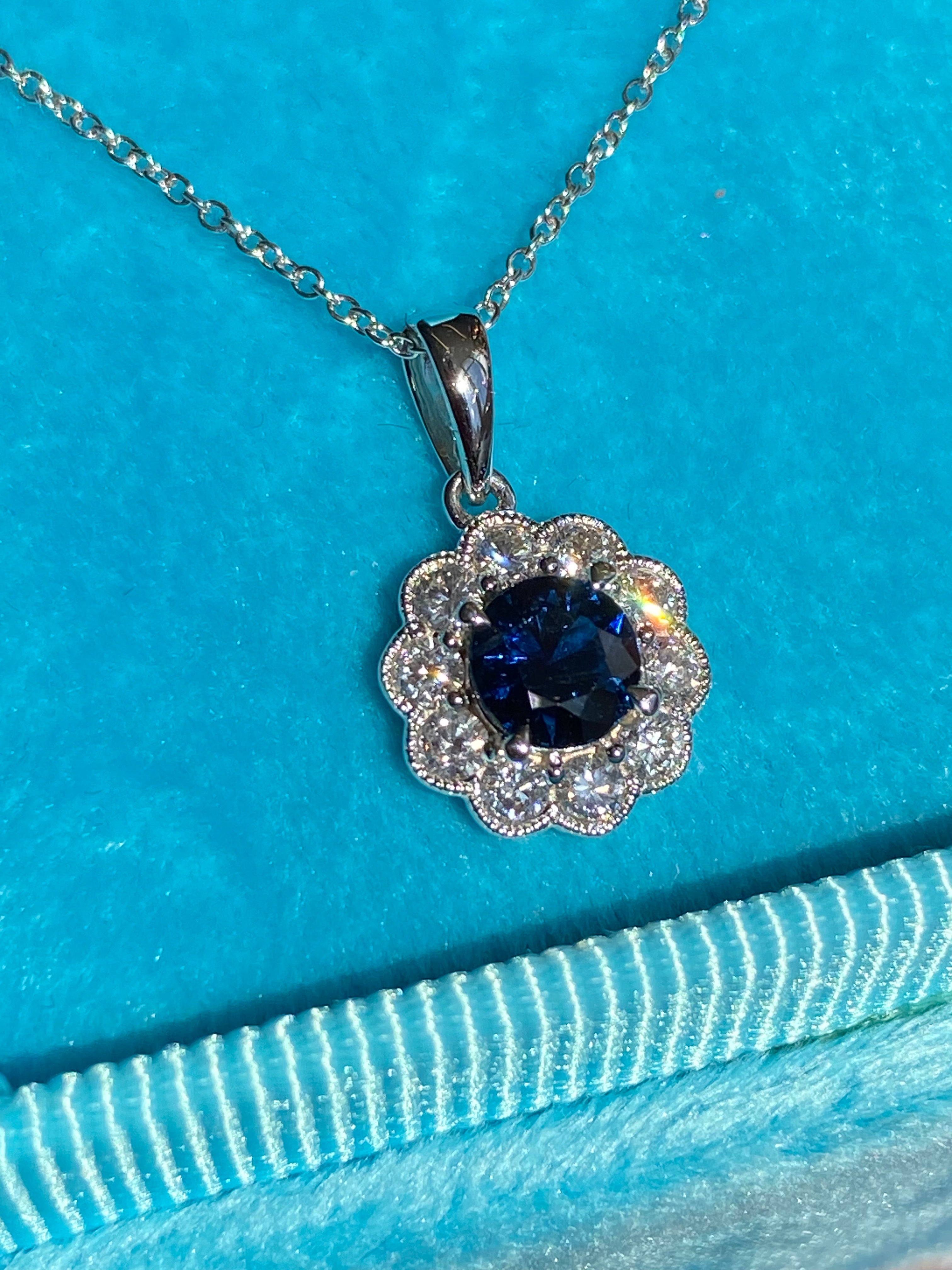 0.86 CTW Sapphire and Natural Diamond Pendant Necklace in 18ct White Gold