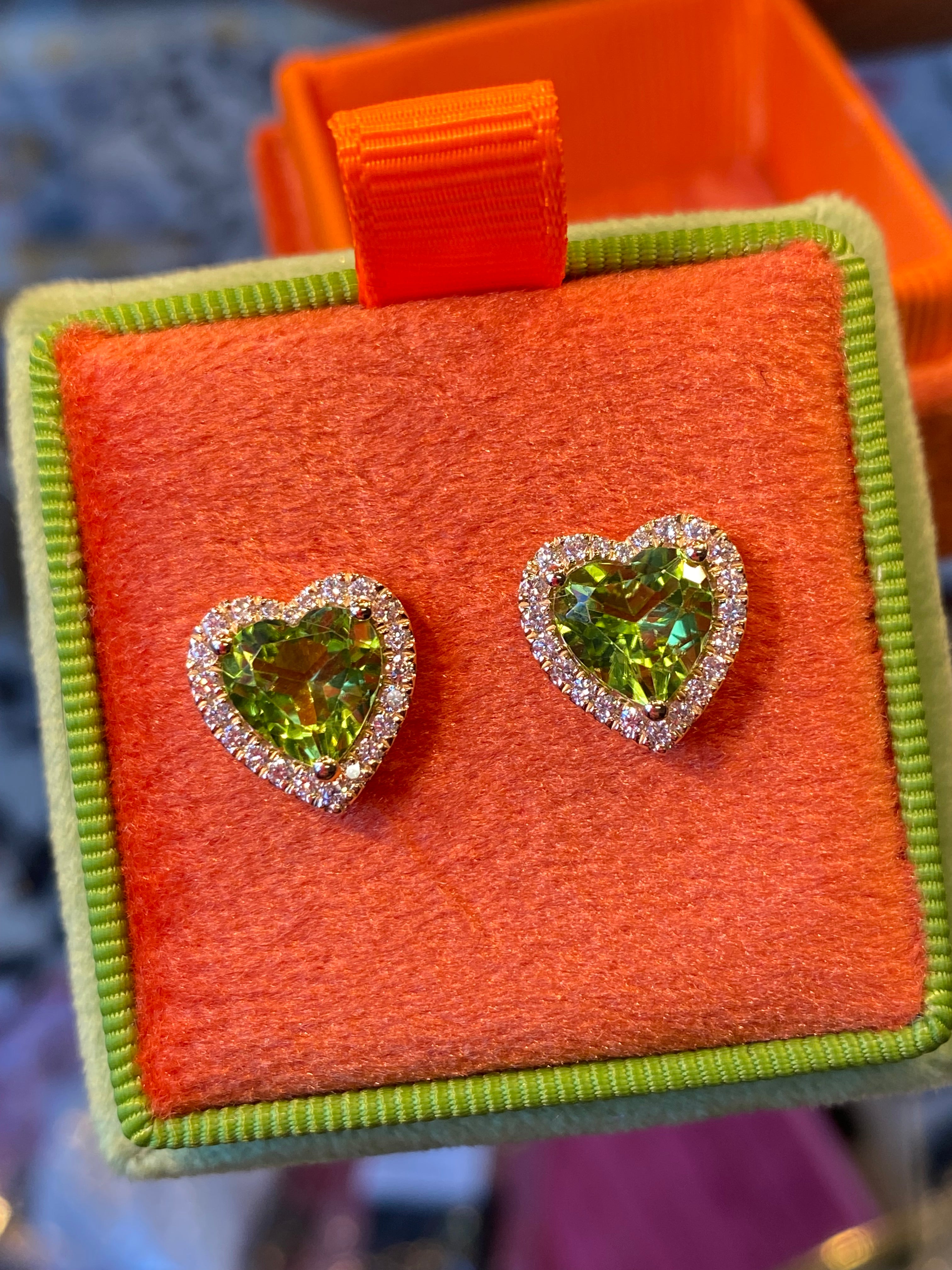 Beautiful Heart Shaped Peridot and Natural Diamond Stud Earrings in 9ct Yellow Gold