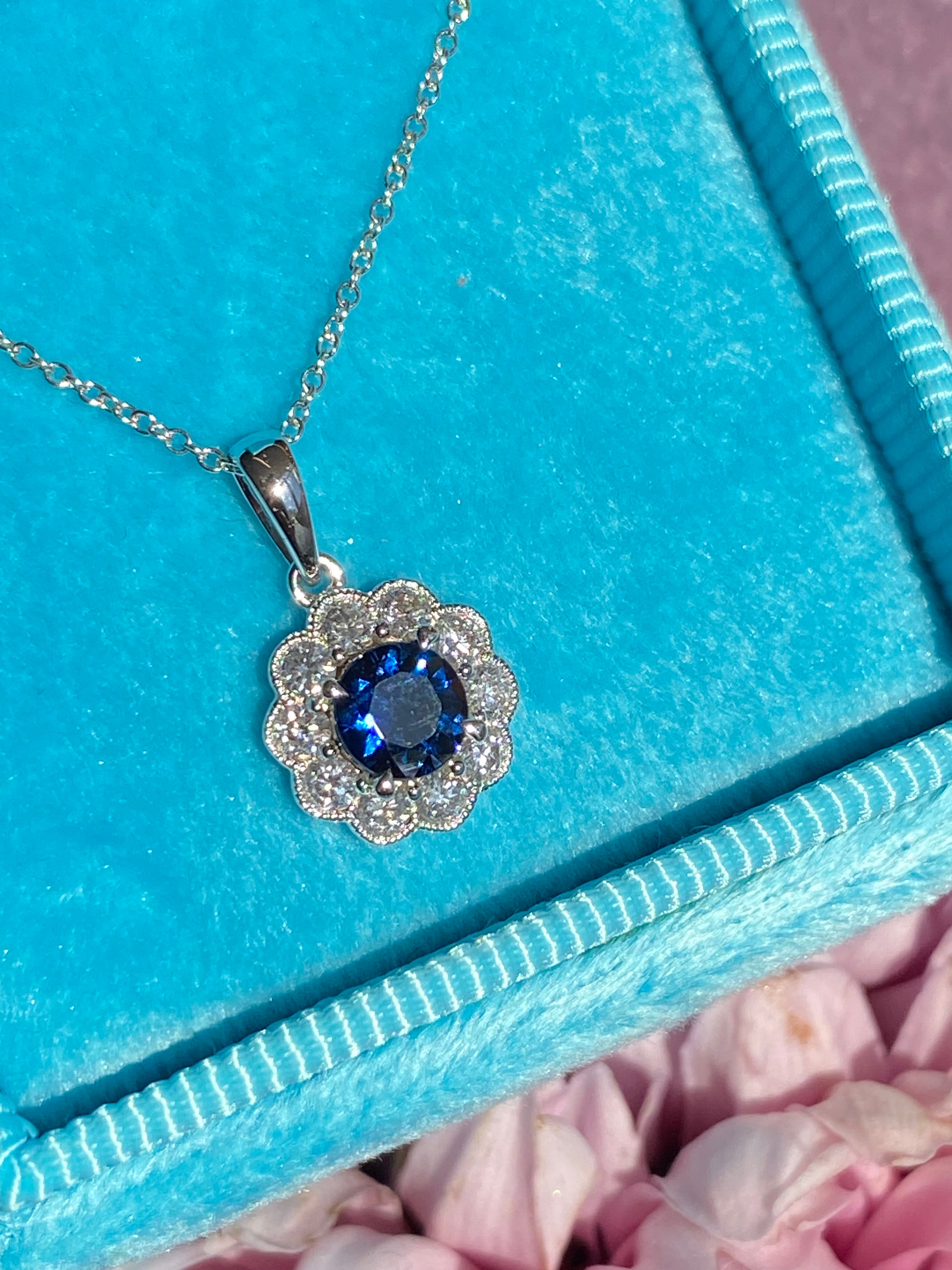 0.86 CTW Sapphire and Natural Diamond Pendant Necklace in 18ct White Gold