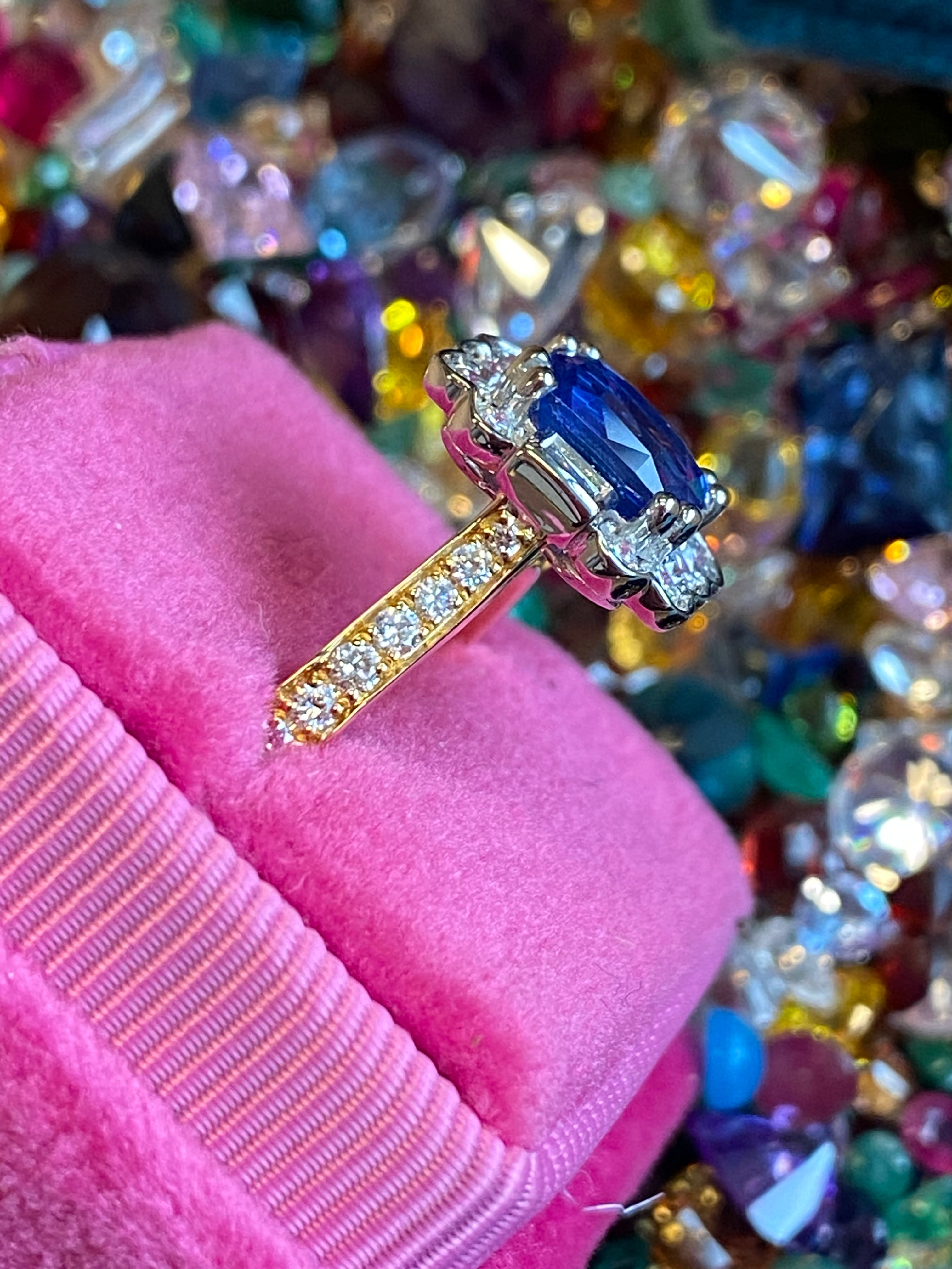 2.11 CTW Cushion Cut Ceylon Sapphire and Natural Diamond Ring in 18ct Yellow Gold