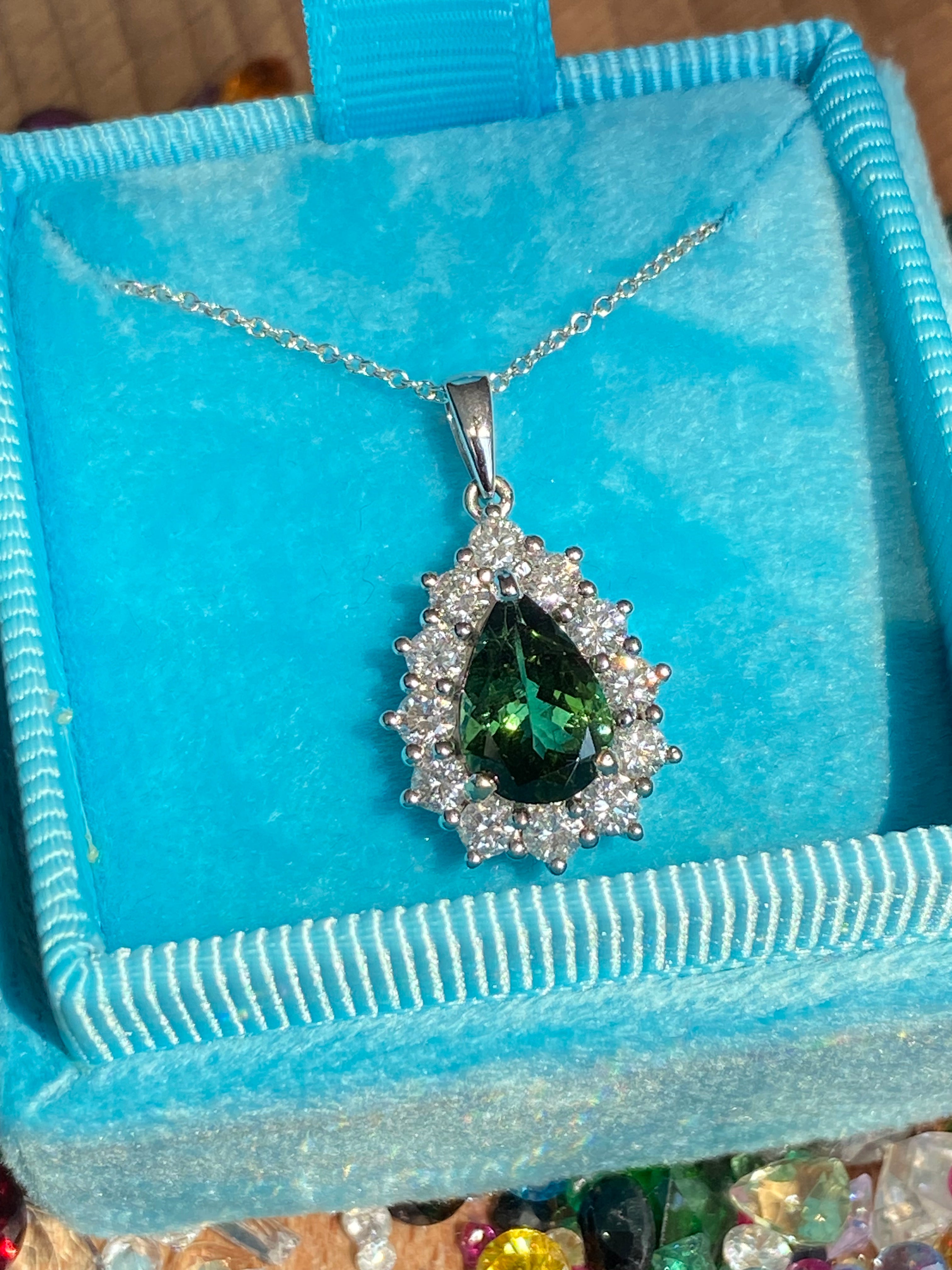 2.61 CTW Green Tourmaline and Natural Diamond Pendant Necklace in 18ct White Gold