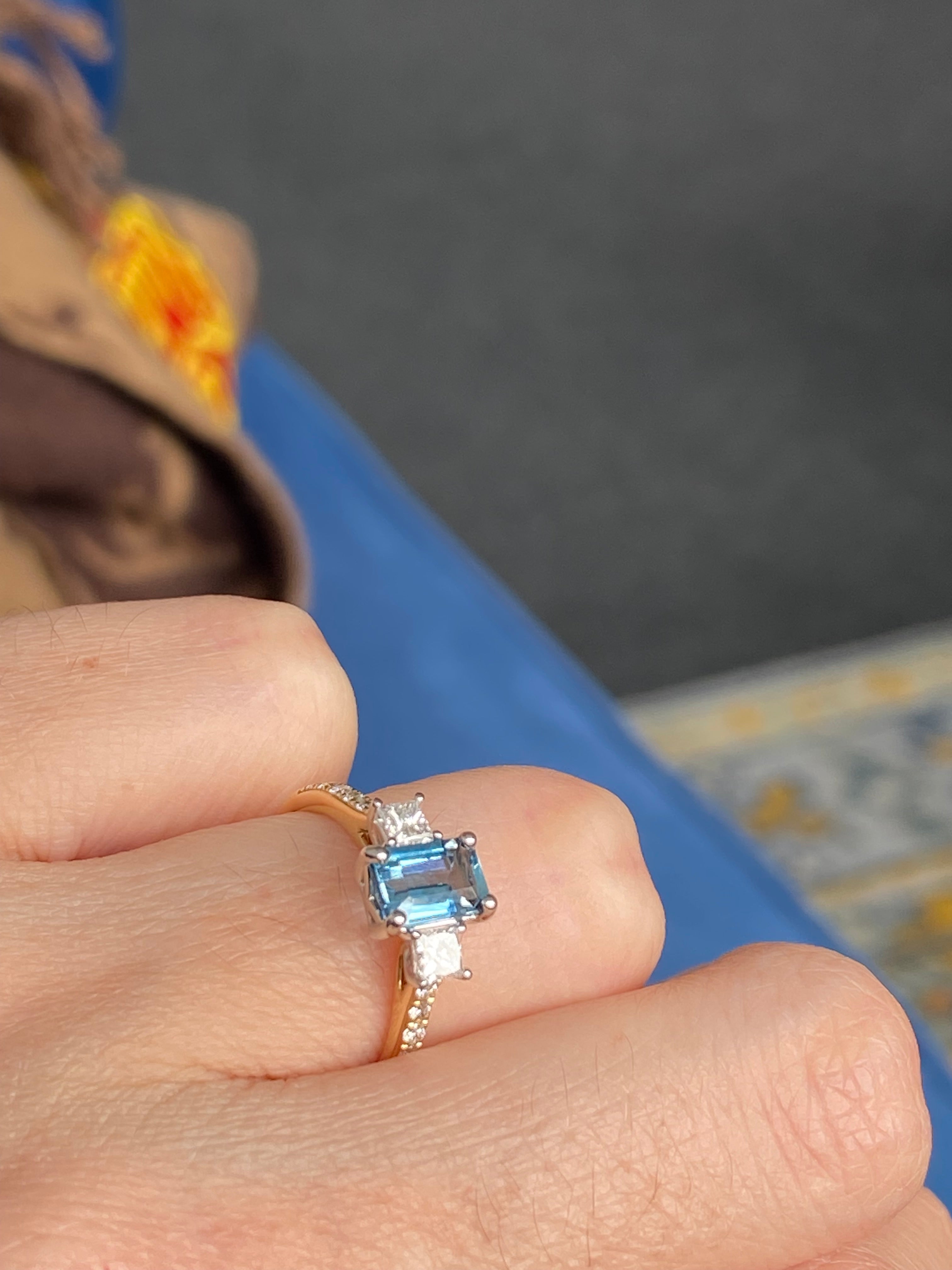 1.18 CTW Aquamarine and Natural Diamond Three Stone Ring in Platinum and 18ct Yellow Gold