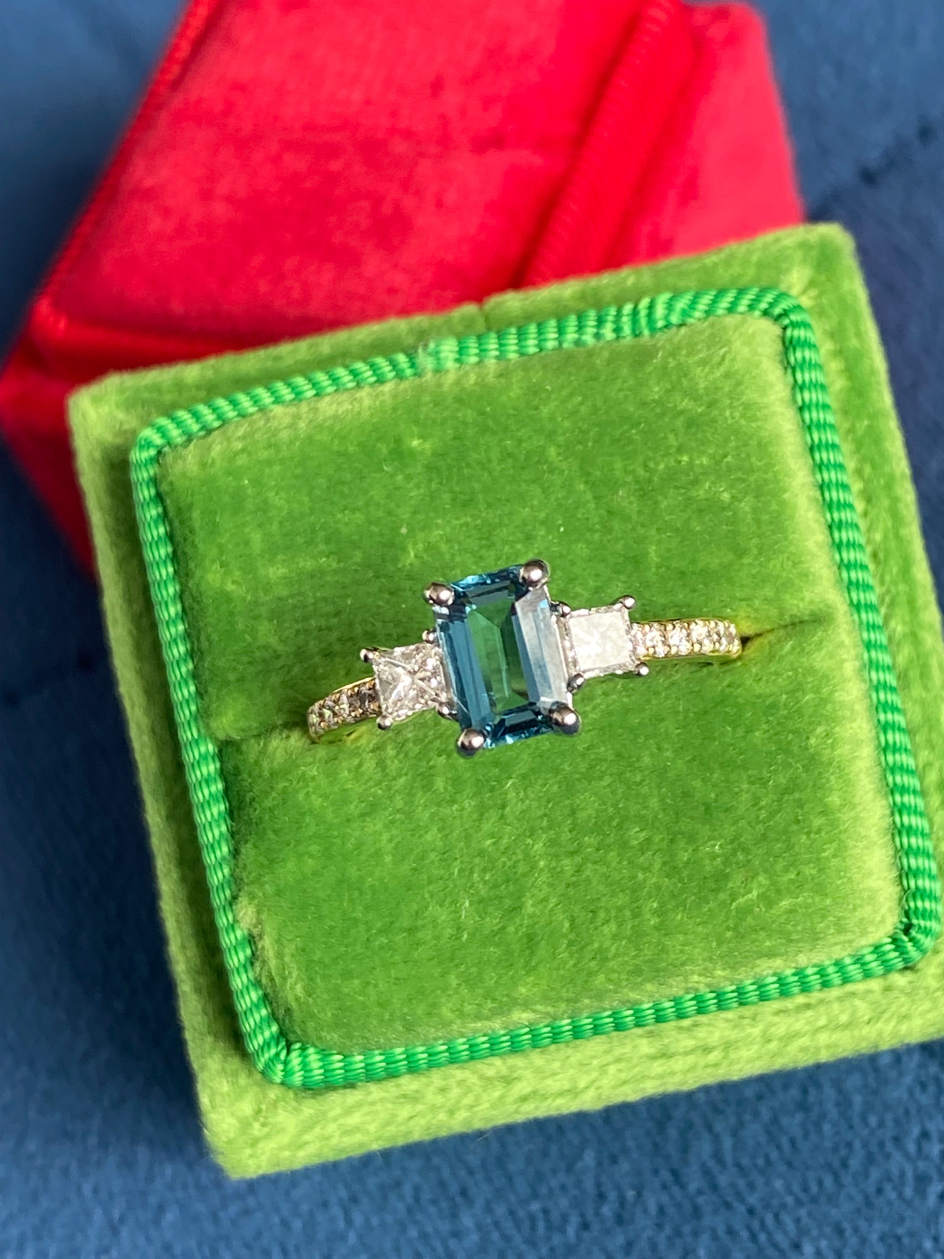 1.18 CTW Aquamarine and Natural Diamond Three Stone Ring in Platinum and 18ct Yellow Gold