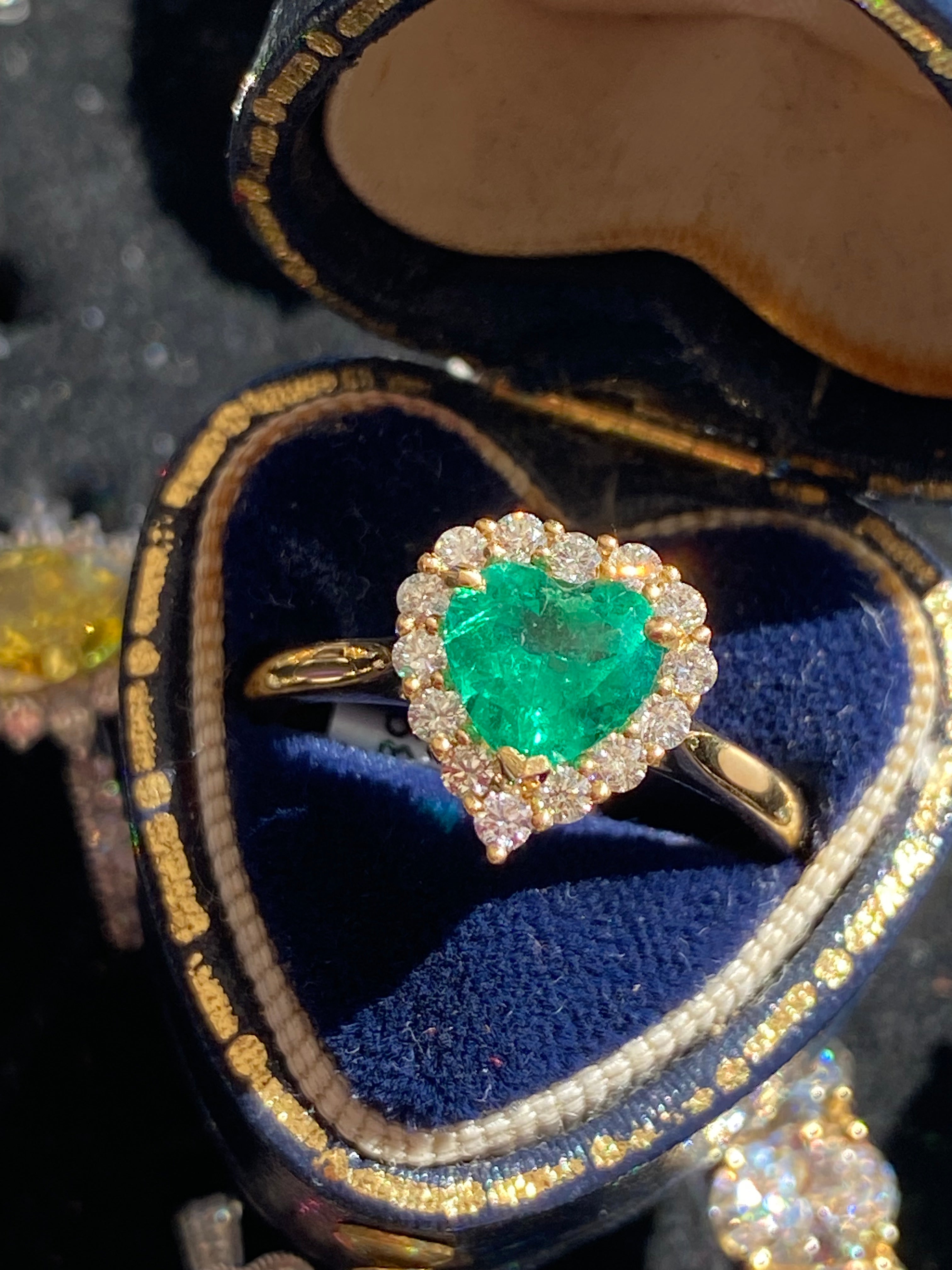 1.16 CTW Heart Shape Emerald and Natural Diamond Halo Ring in 18ct Yellow Gold