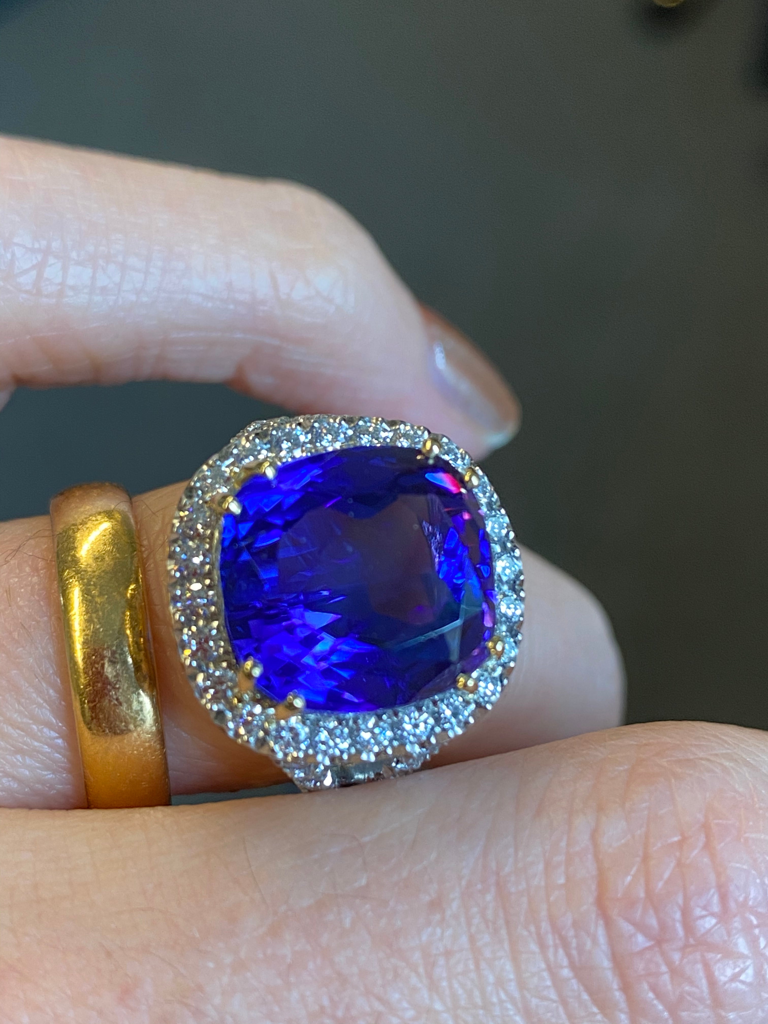 12.00 Carat Cushion-Cut Tanzanite and Diamond Ring in Platinum