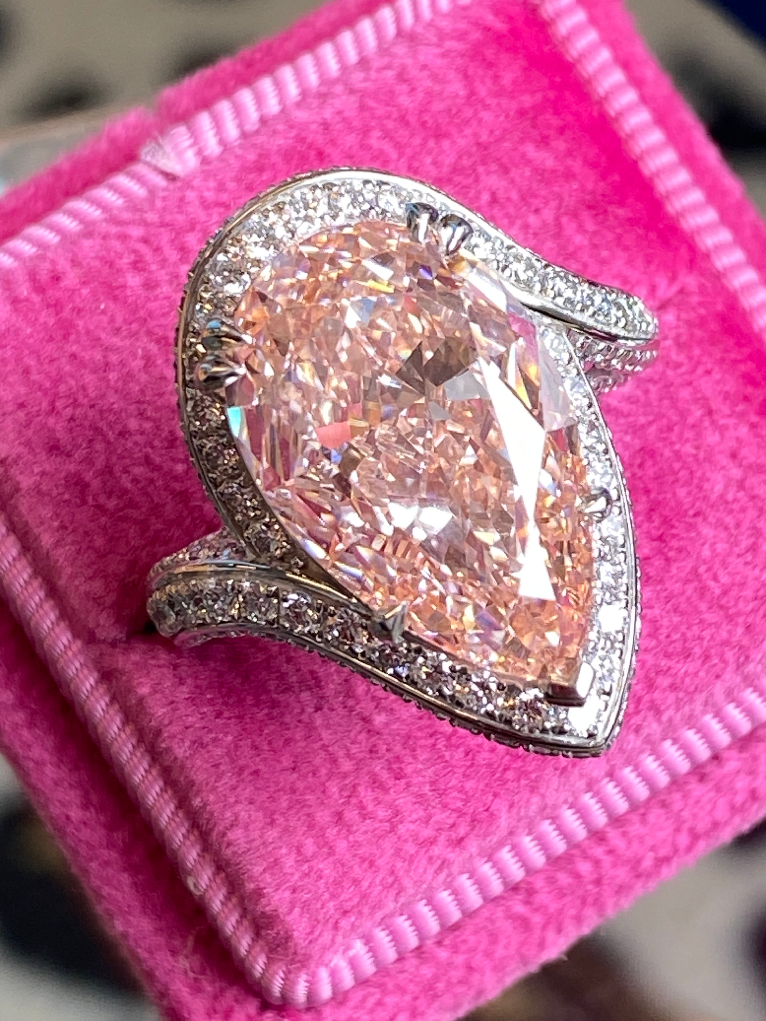 10.45 Carat Fancy Pink Pear Cut + 1.35ctw Lab Diamond Engagement Ring in Platinum