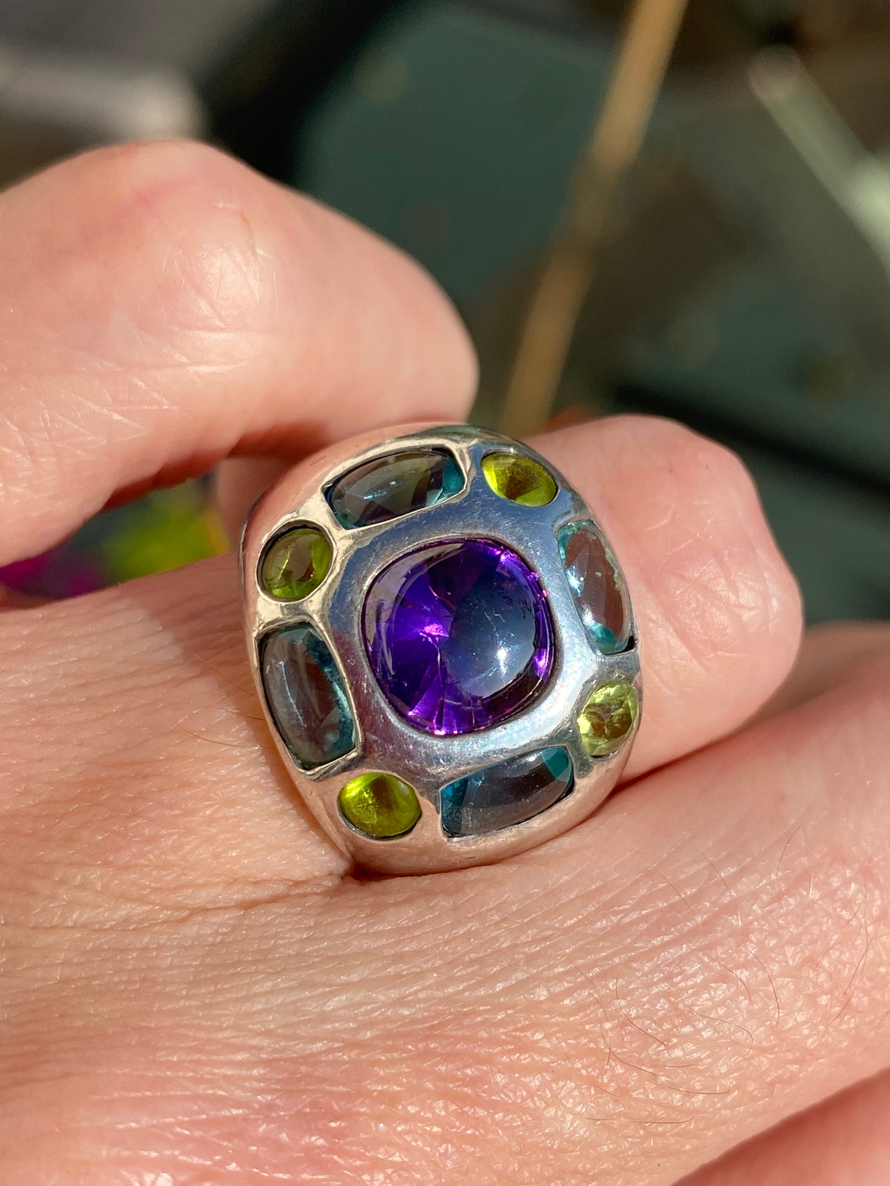 Beautiful Vintage Amethyst, Peridot and Blue Topaz Ring in Sterling Silver