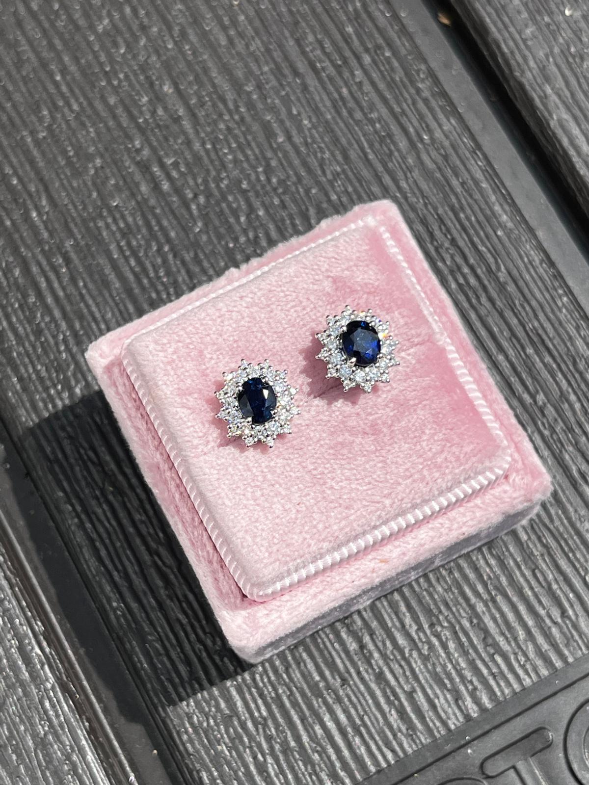Sapphire and Natural Diamond Halo Stud Earrings in 18ct White Gold