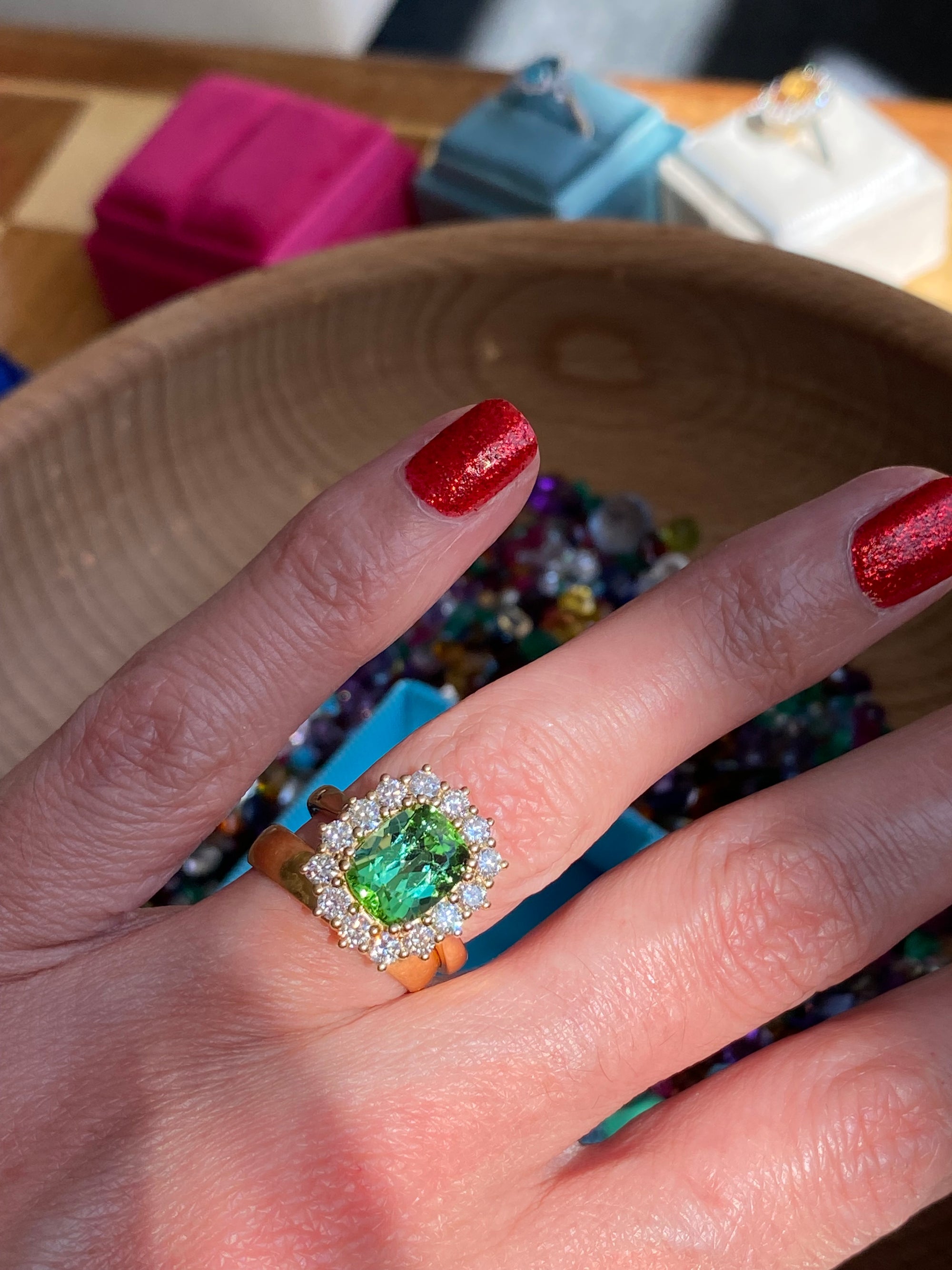3.02 Carat Green Tourmaline and Natural Diamond Ring in 18ct Yellow Gold
