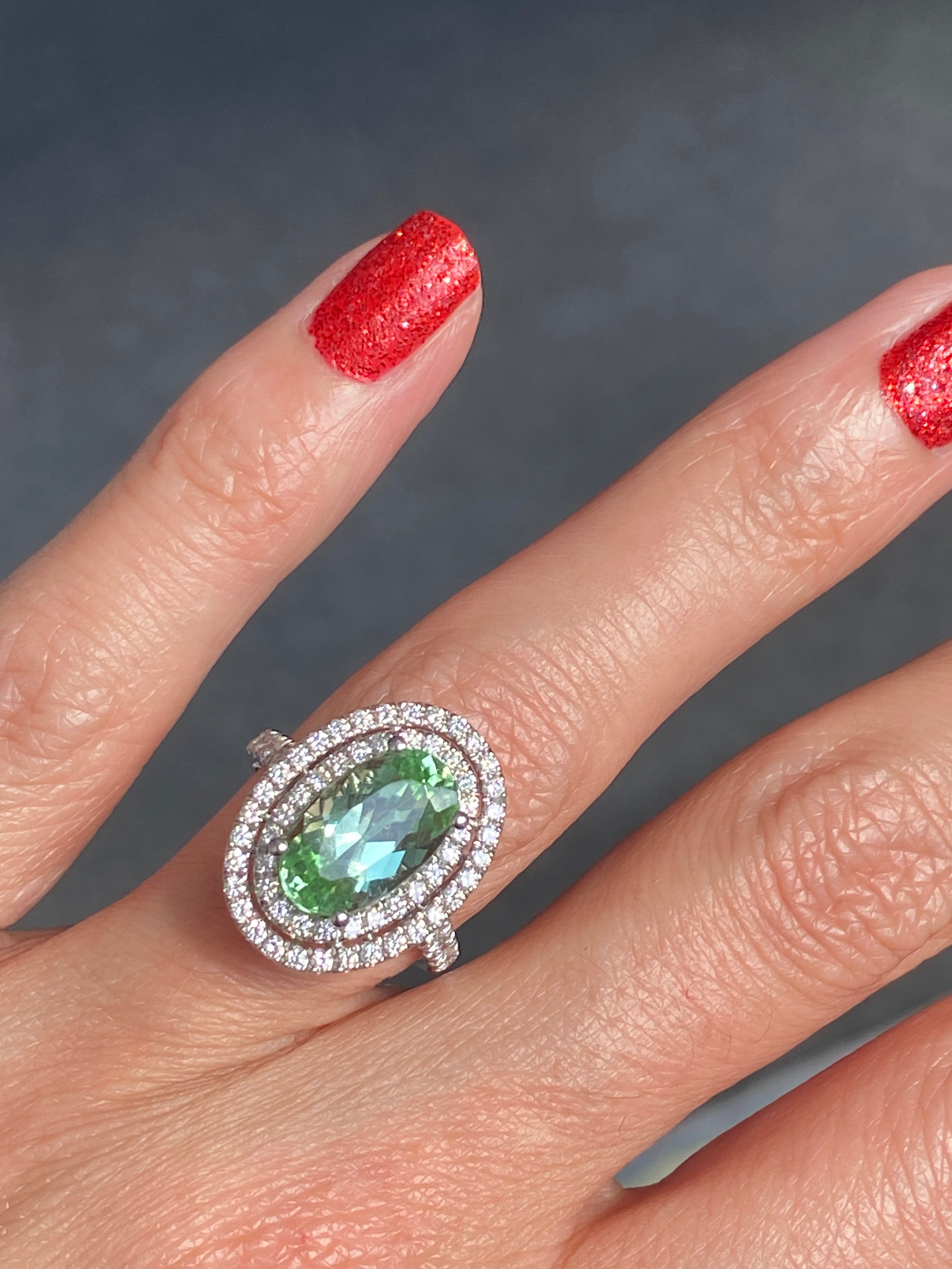 4.77 CTW Magical Mint Tourmaline and Natural Diamond Double Halo Ring in Platinum