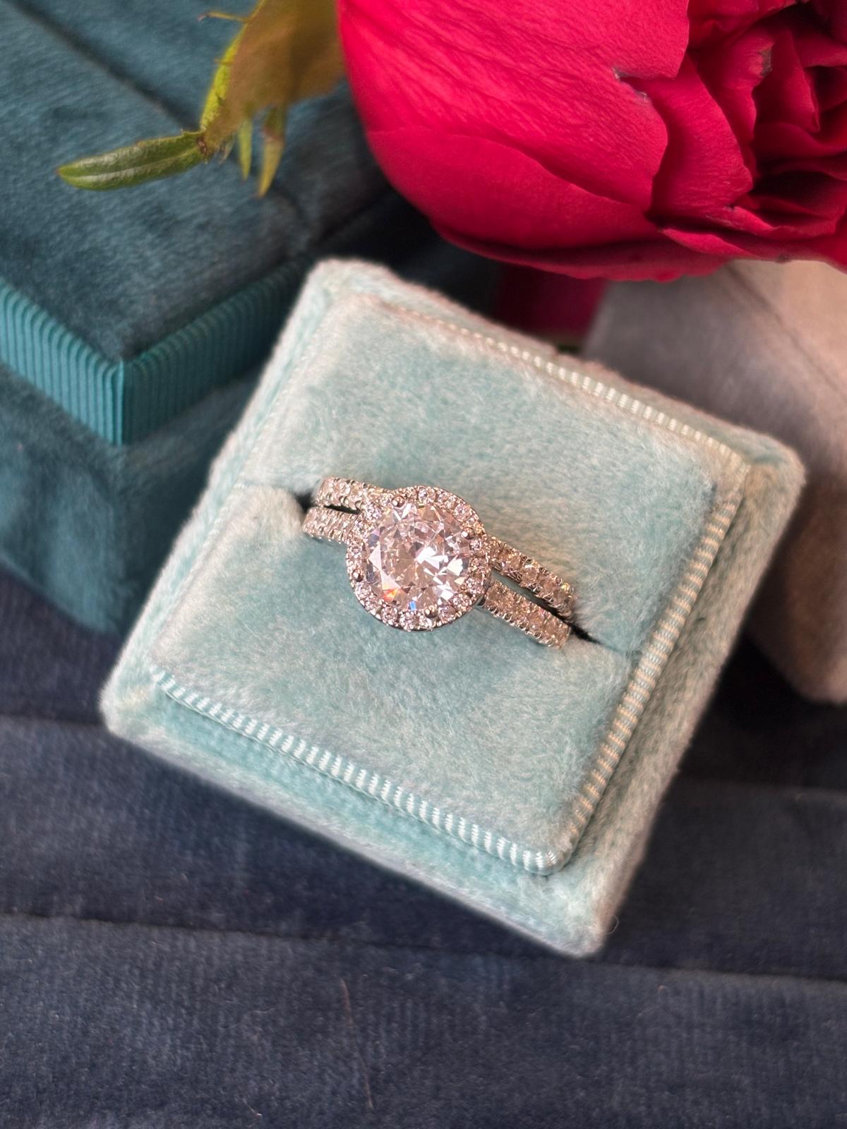 Round Cut Moissanite Halo Engagement and Wedding / Eternity Ring Set in Sterling Silver