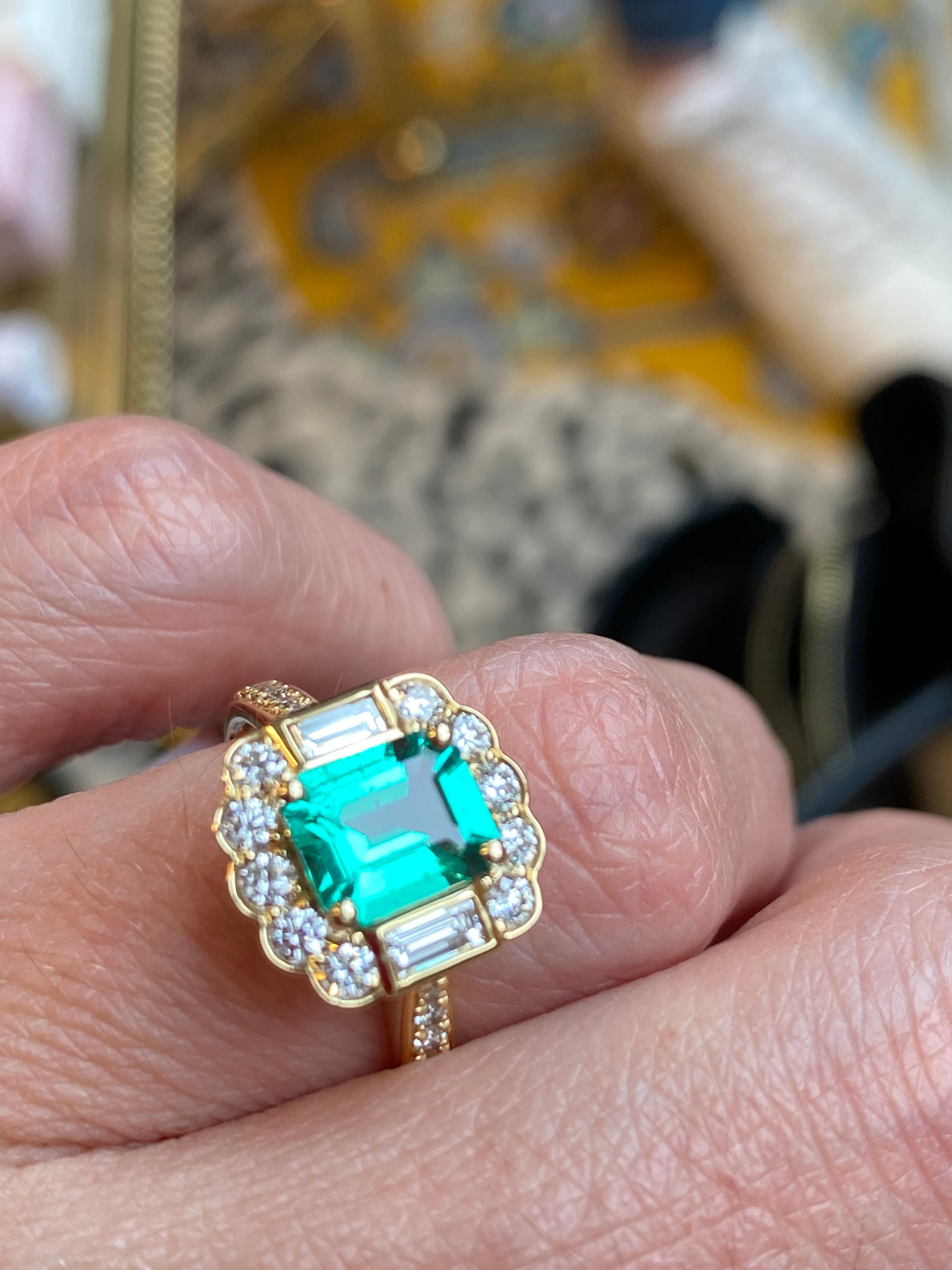 1.17 Carat GIA Colombian Emerald and 0.75ctw Natural Diamond Ring in 18ct Yellow Gold