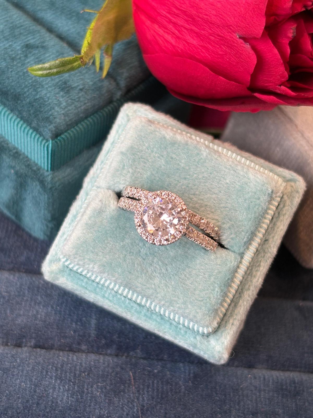 Round Cut Moissanite Halo Engagement and Wedding / Eternity Ring Set in Sterling Silver