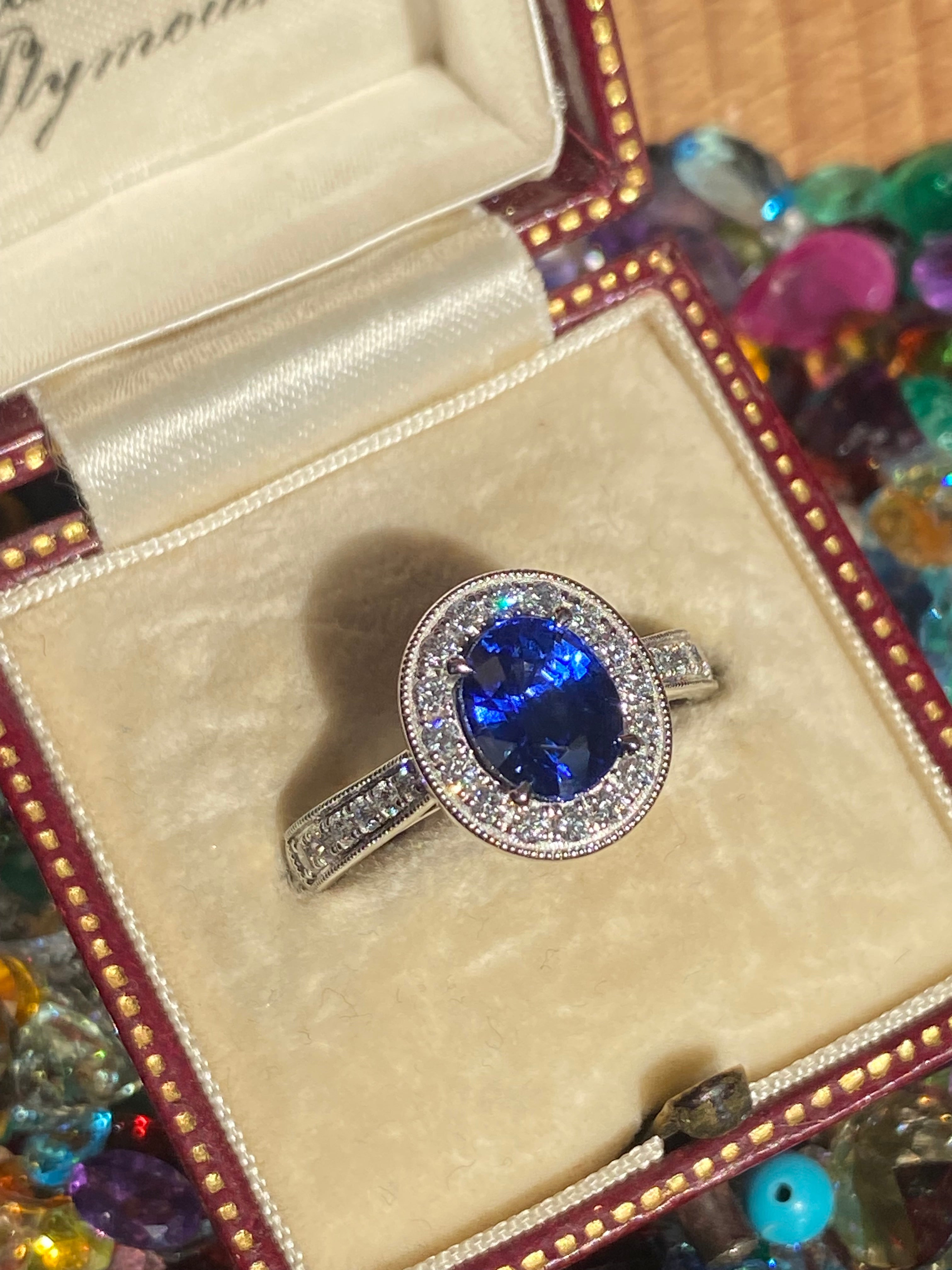 2.14 CTW Blue Ceylon Sapphire and Natural Diamond Halo Ring in Platinum