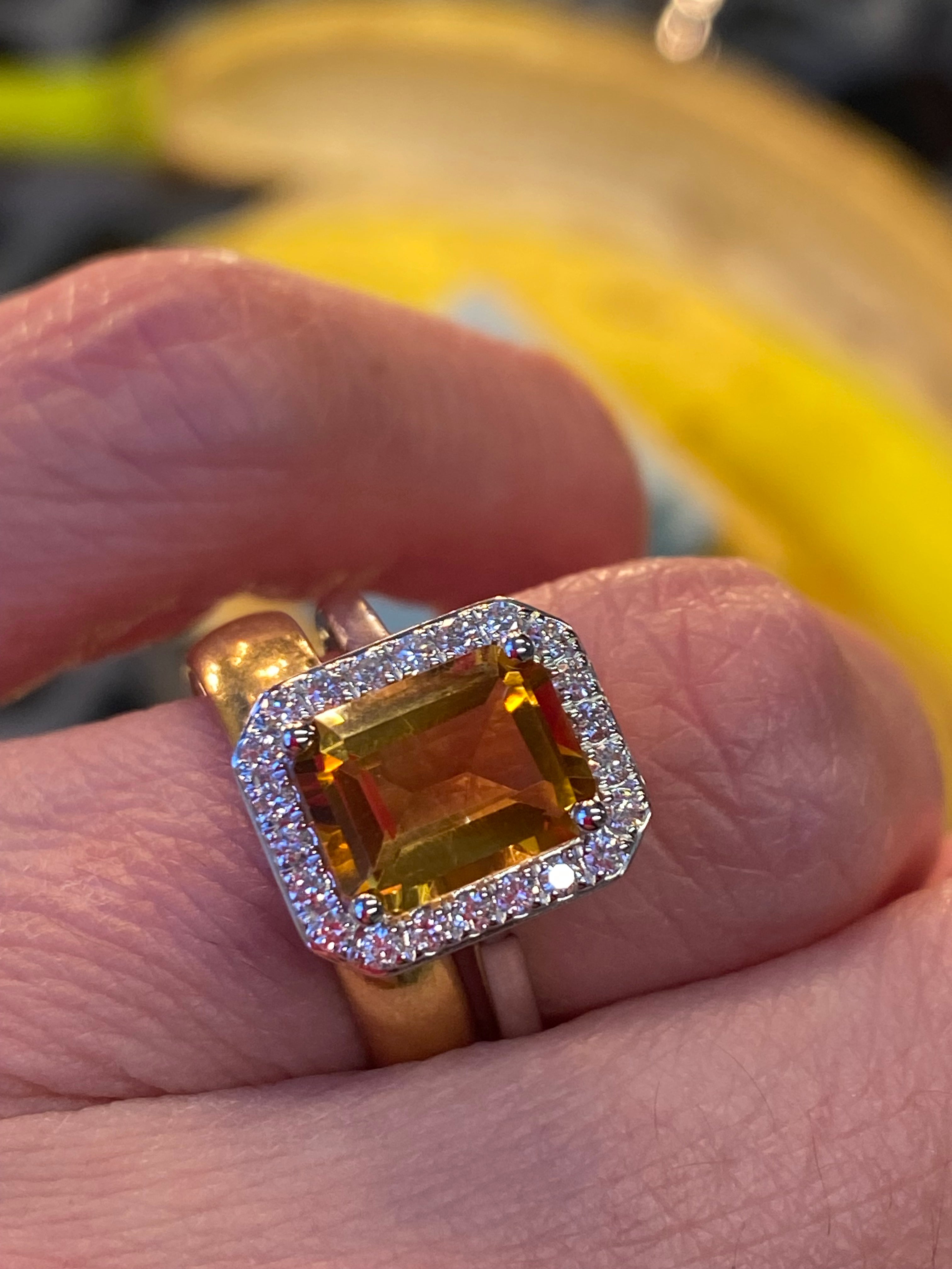 Citrine and Natural Diamond Halo Ring in 9ct White Gold