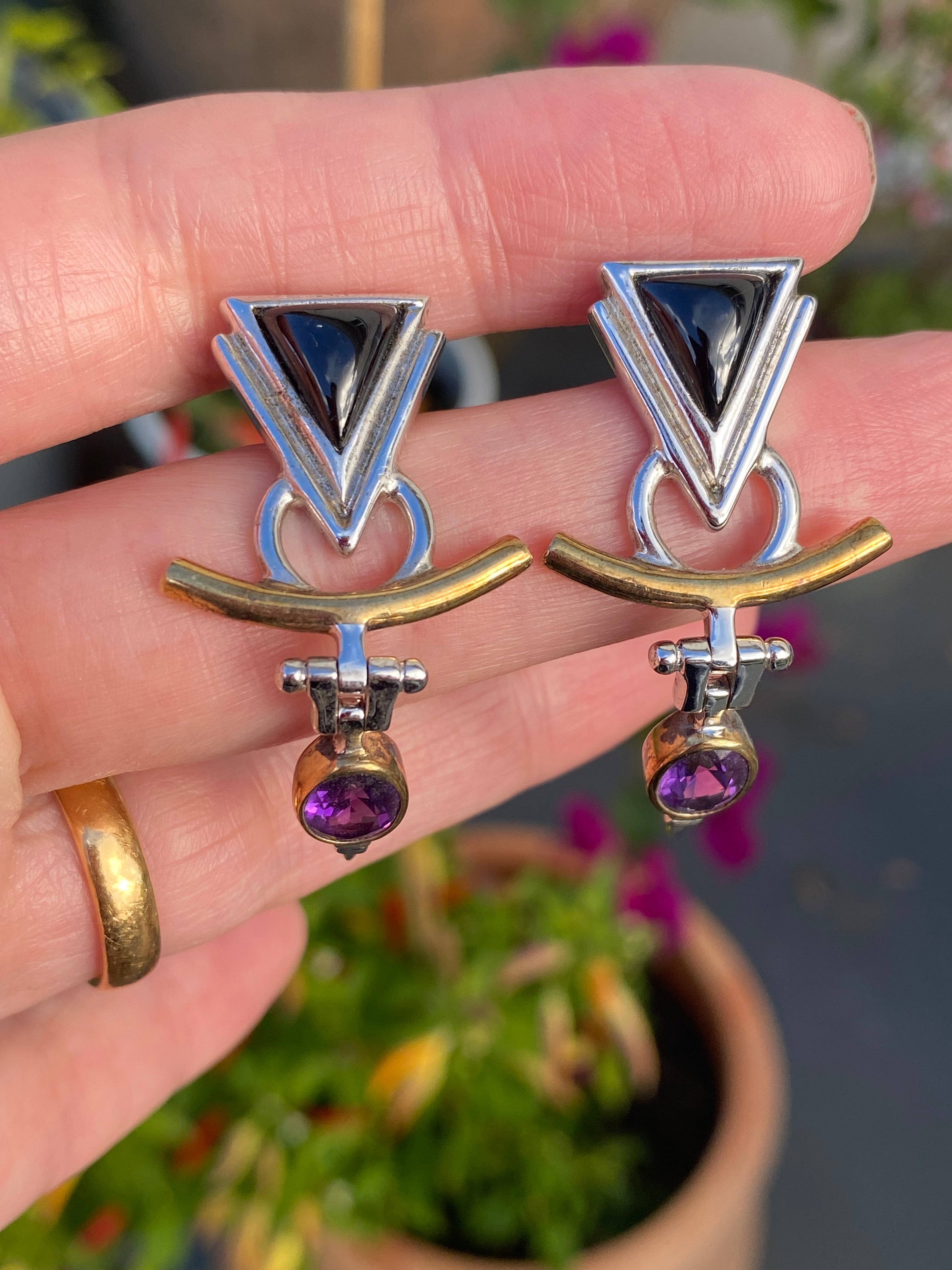 Statement 1980’s Amethyst and Black Onyx Earrings in Sterling Silver and 18ct Yellow Gold
