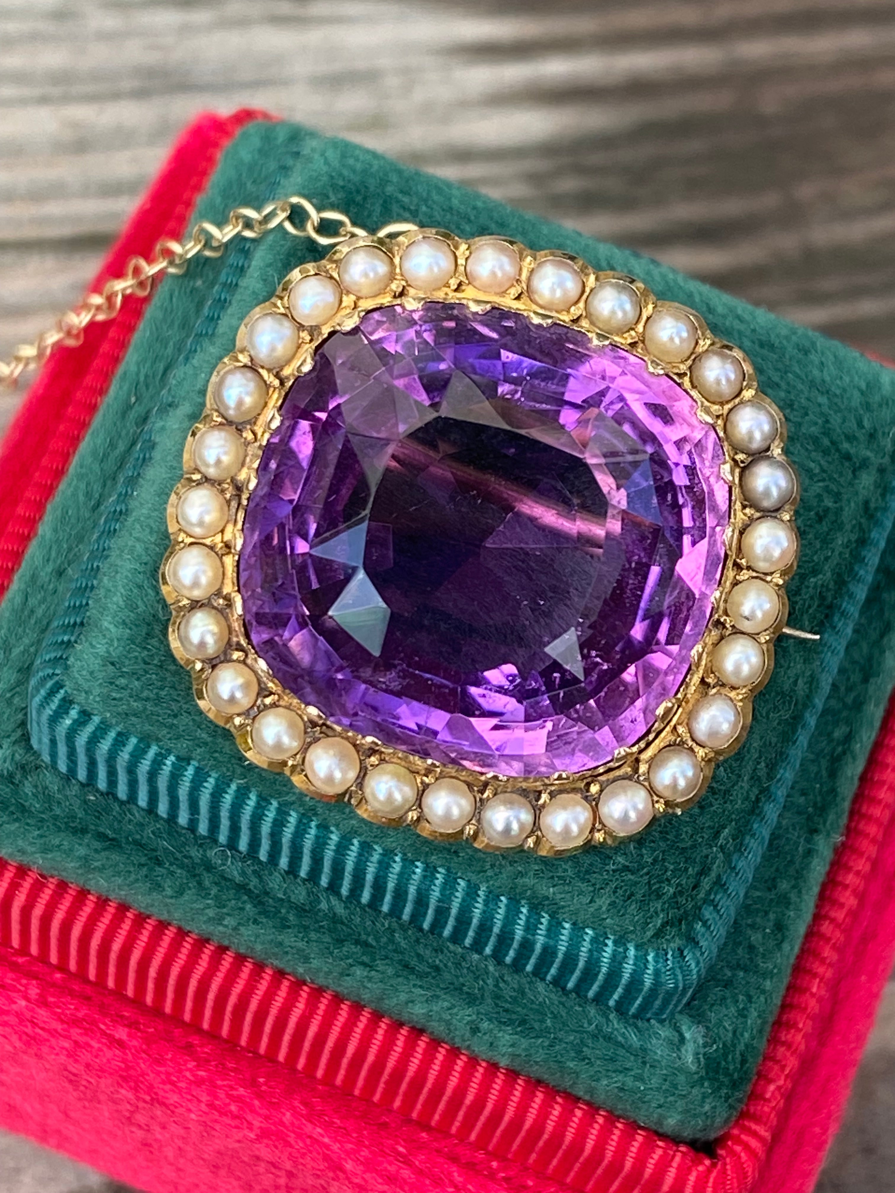 Antique 30.00ct Amethyst and Seed Pearl Brooch in 18ct Yellow Gold