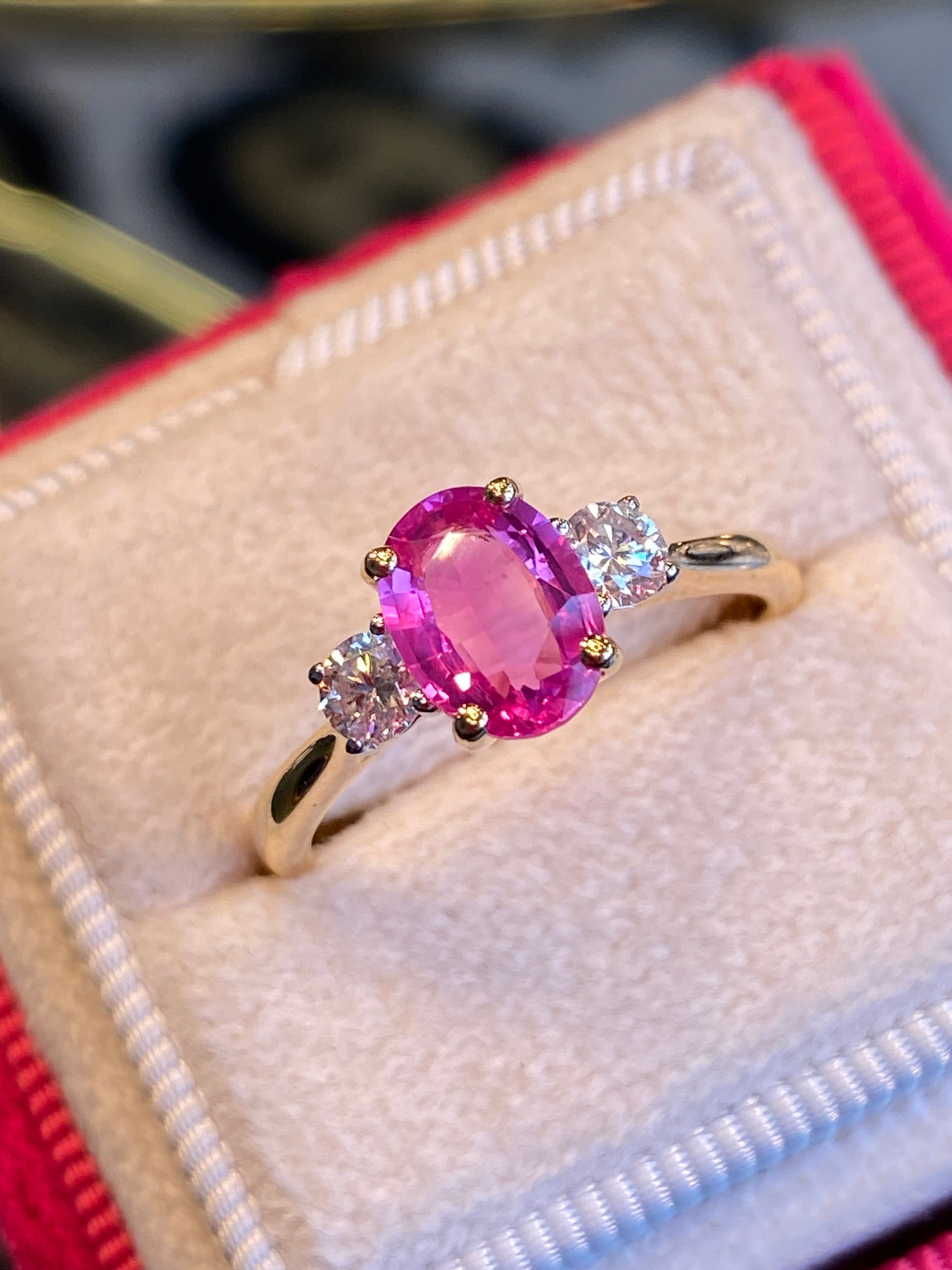1.23 Carat No Heat Ceylon Pink Sapphire and Natural Diamond Three Stone Engagement Ring in Platinum and 18ct Yellow Gold