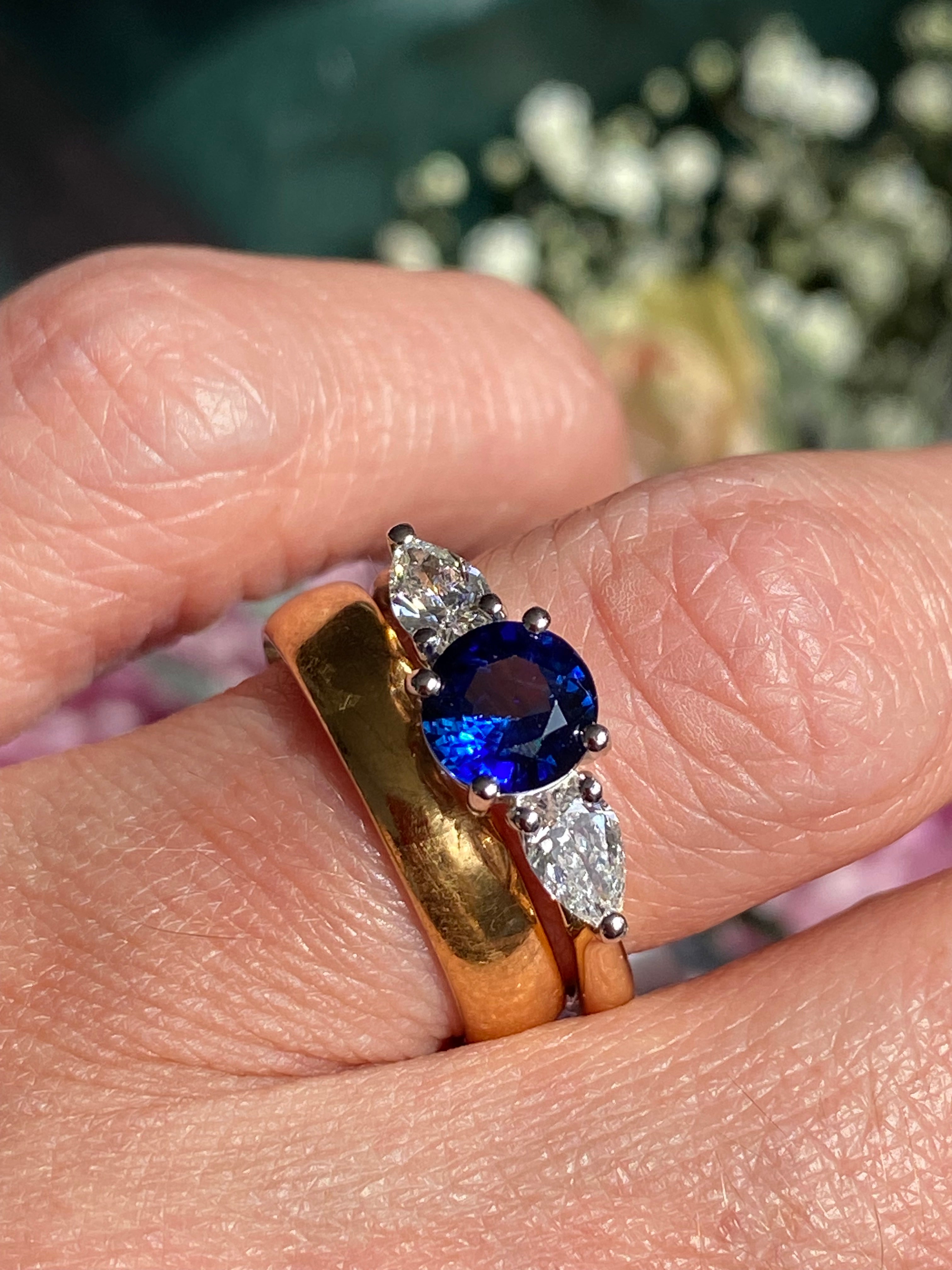 1.52 CTW Blue Ceylon Sapphire and Natural Diamond Three Stone Engagement Ring in Platinum and 18ct Yellow Gold