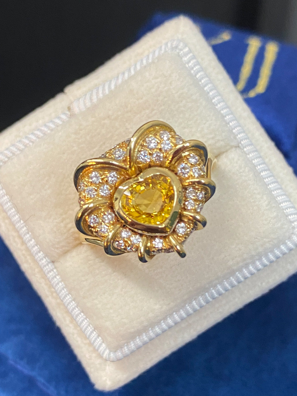 Vintage Yellow Sapphire and Natural Diamond Halo Ring in 18ct Yellow Gold