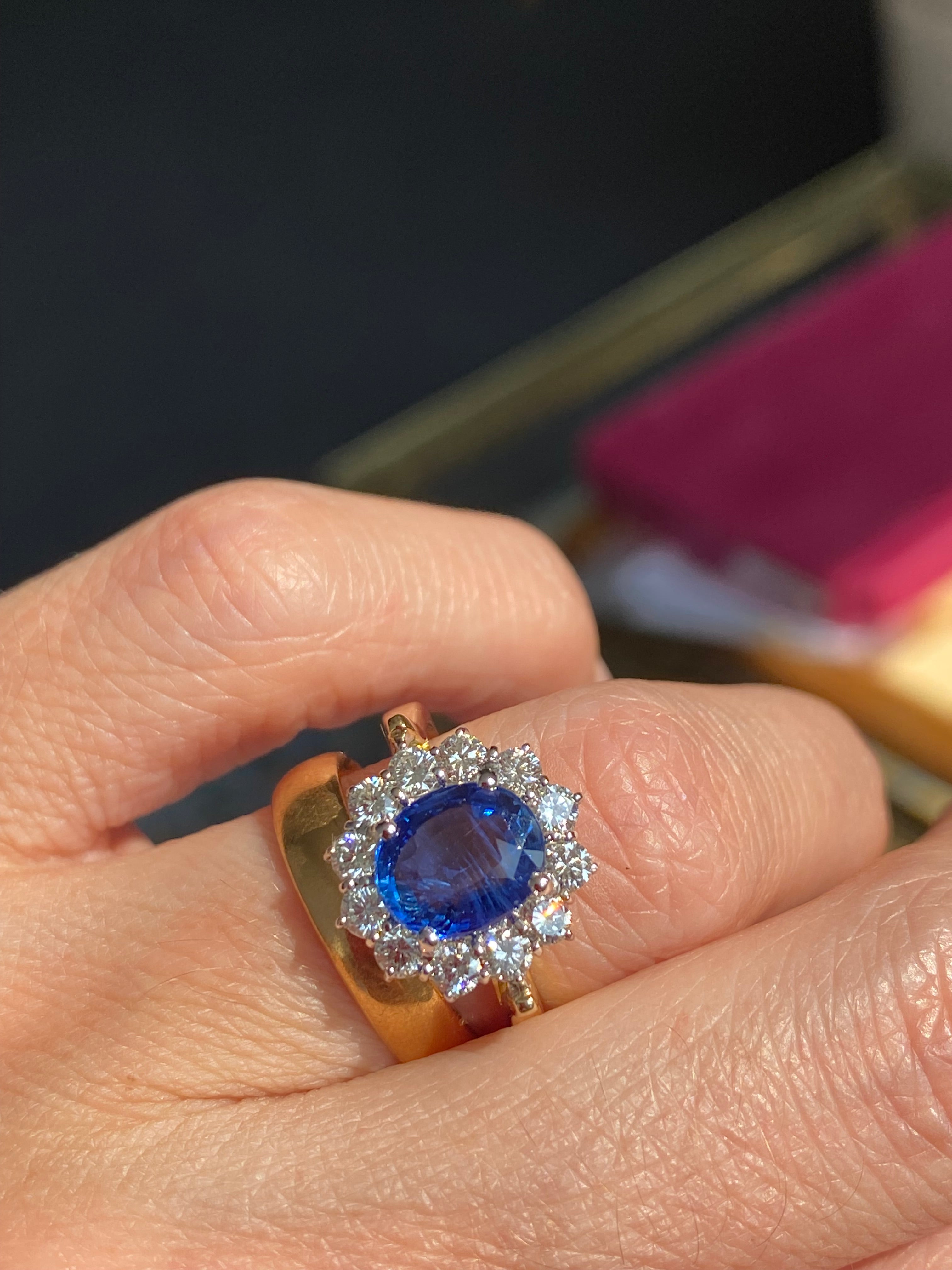 3.31 CTW Ceylon Sapphire and Natural Diamond Halo Ring in 18ct Gold