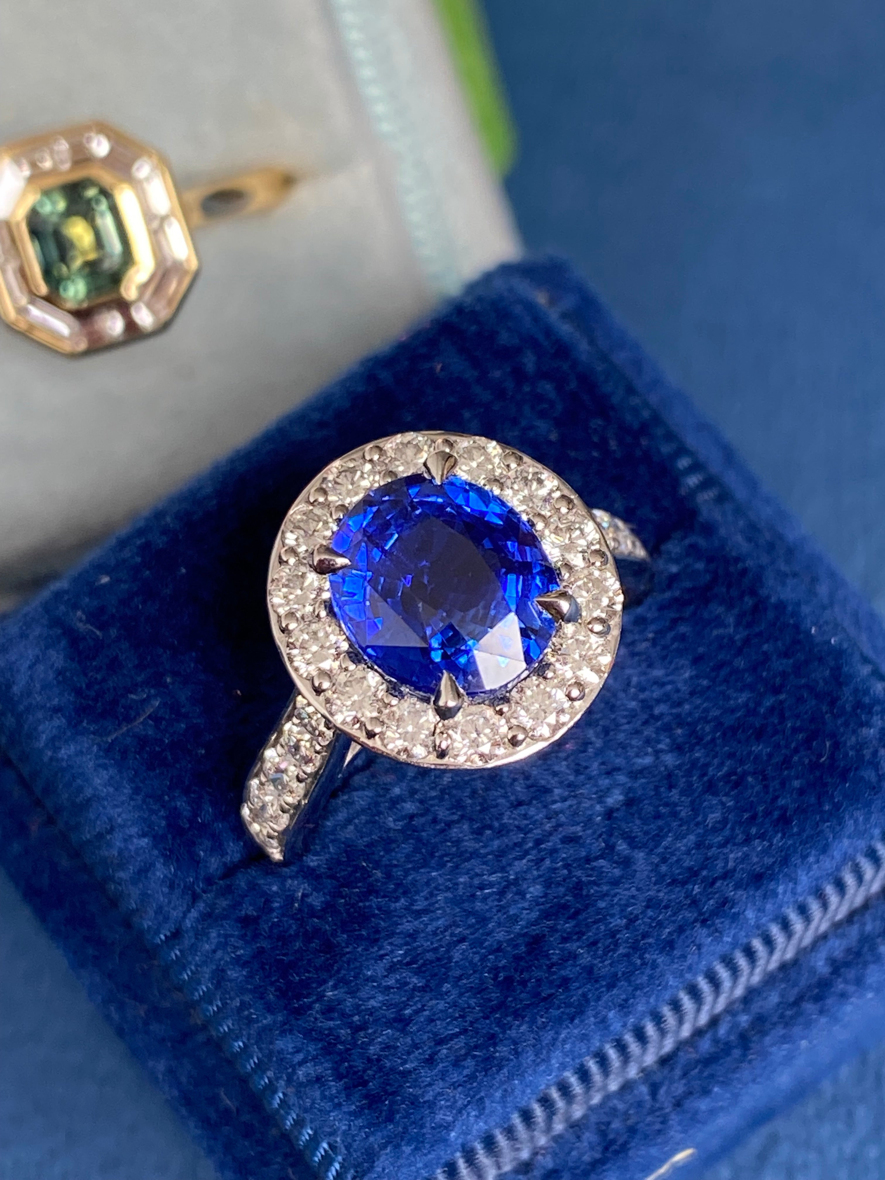 3.01 Carat Blue Ceylon Sapphire and Natural Diamond Halo Ring in Platinum