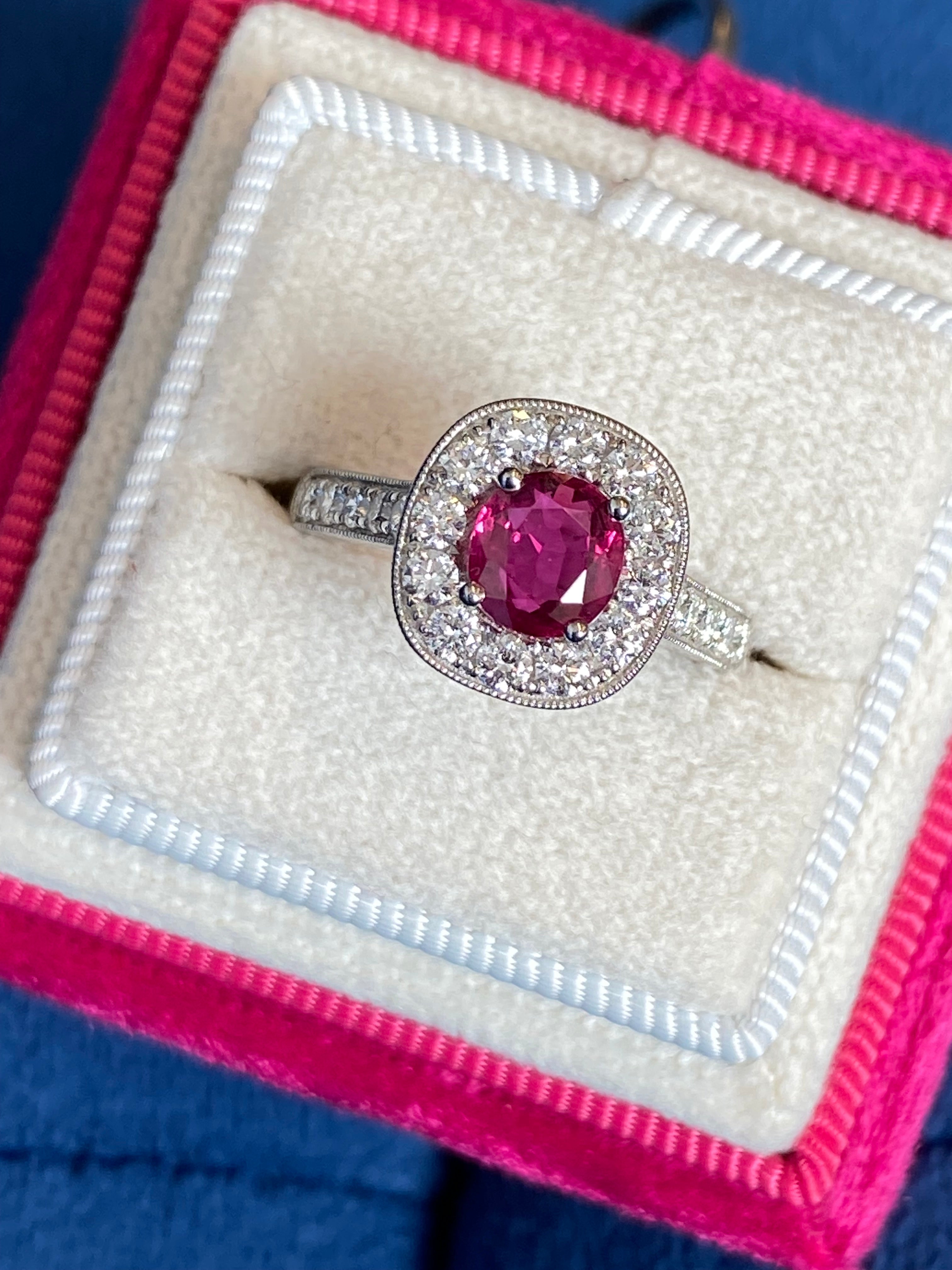 1.89 CTW Oval-Cut Ruby and Natural Diamond Halo Ring in Platinum