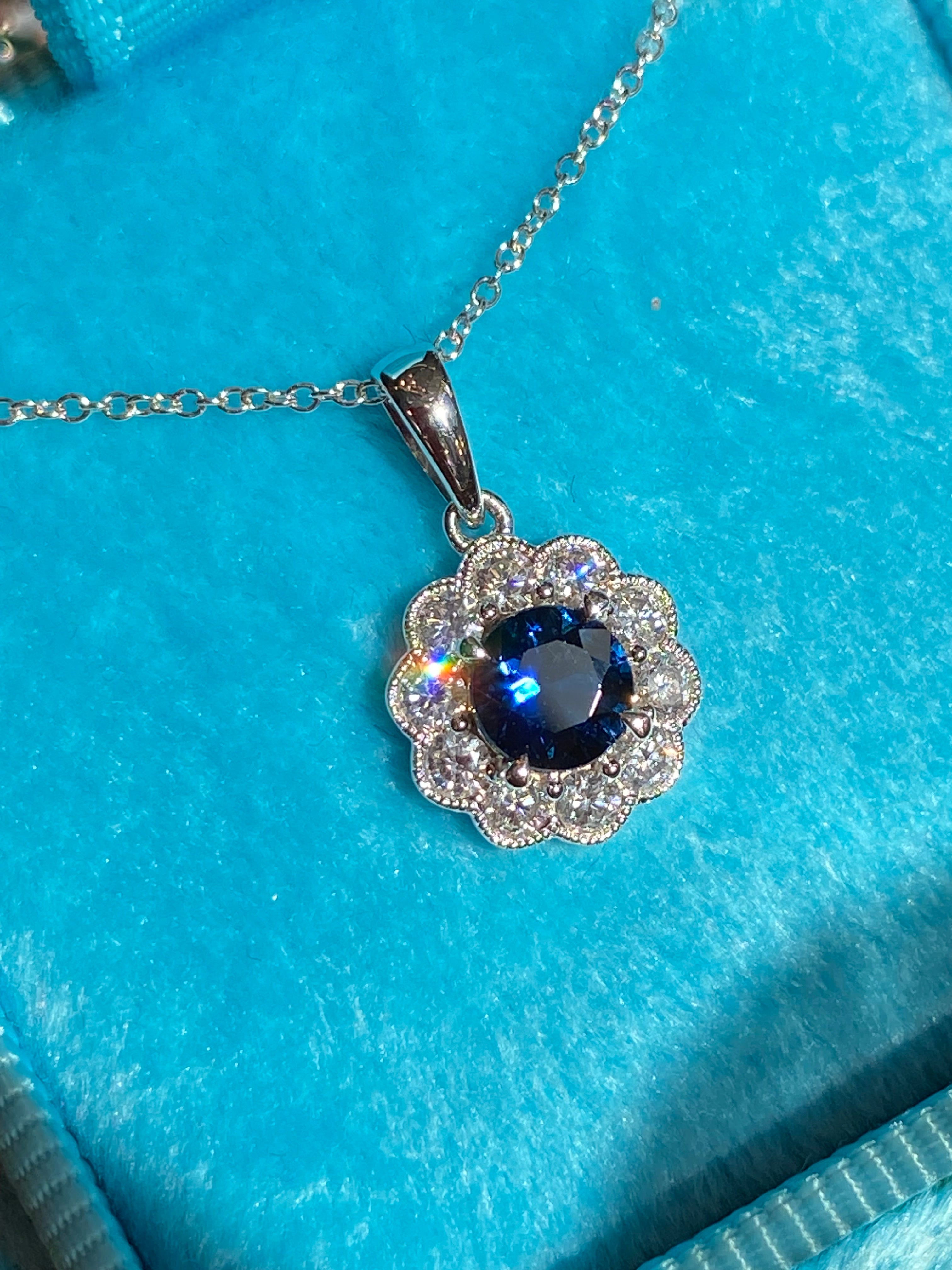 0.86 CTW Sapphire and Natural Diamond Pendant Necklace in 18ct White Gold