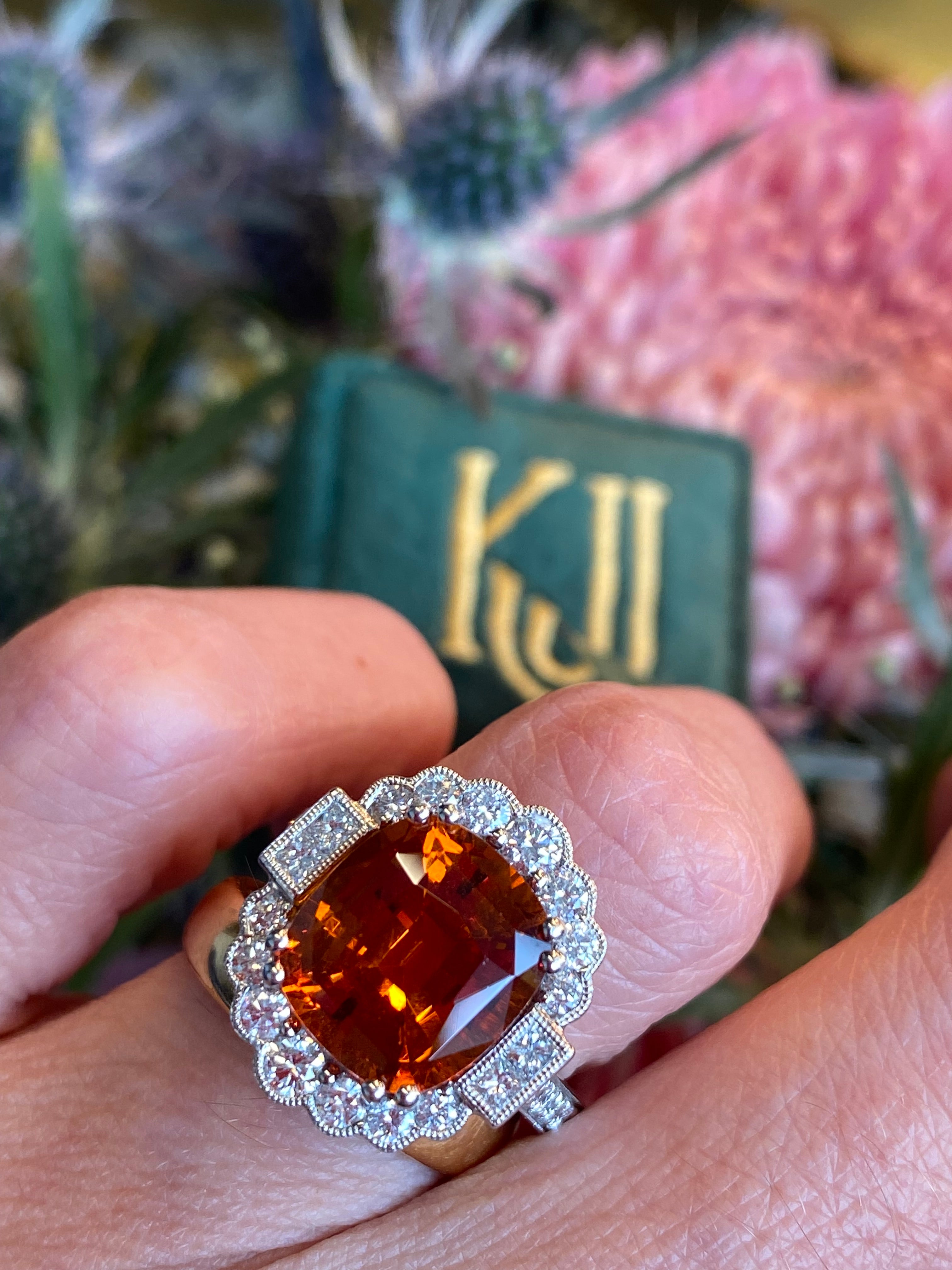 5.95 Carat Hessonite Garnet and 1.03ctw Natural Diamond Ring in Platinum