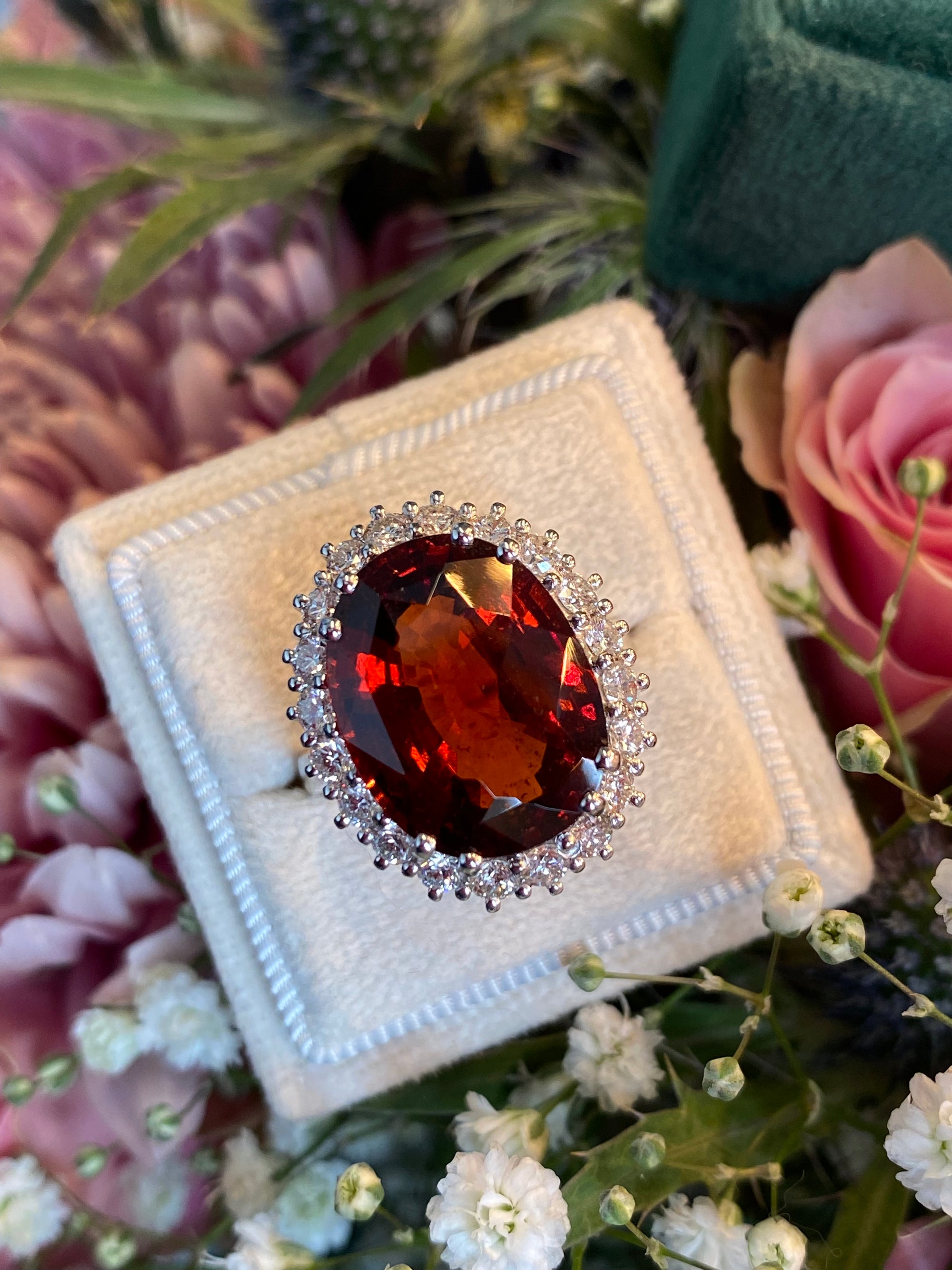 10.41 Carat Hessonite Garnet and Diamond Ring in 18ct White Gold